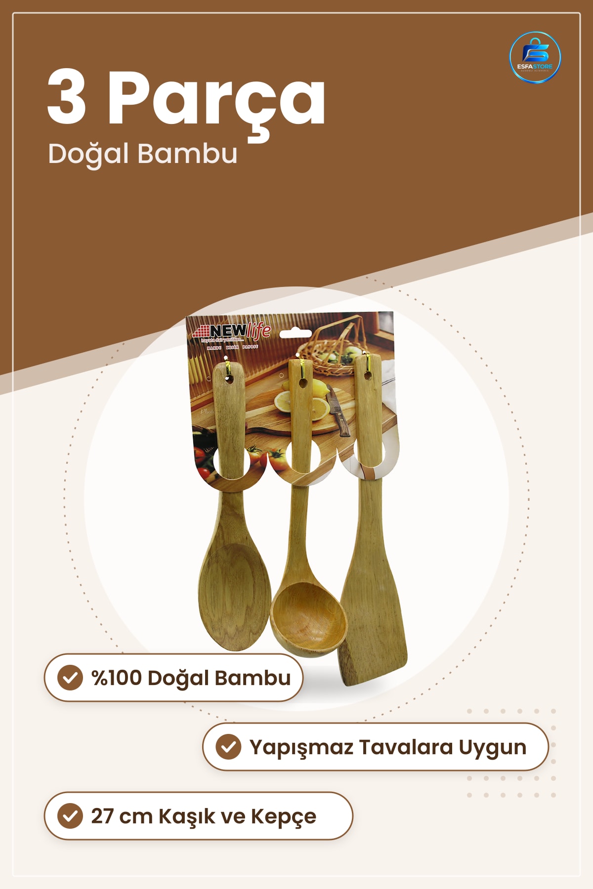 Bambu Ahşap Mutfak Servis Seti 3 Parça /32 cm Kaşık Kepçe Spatula Yemek Hazırlık