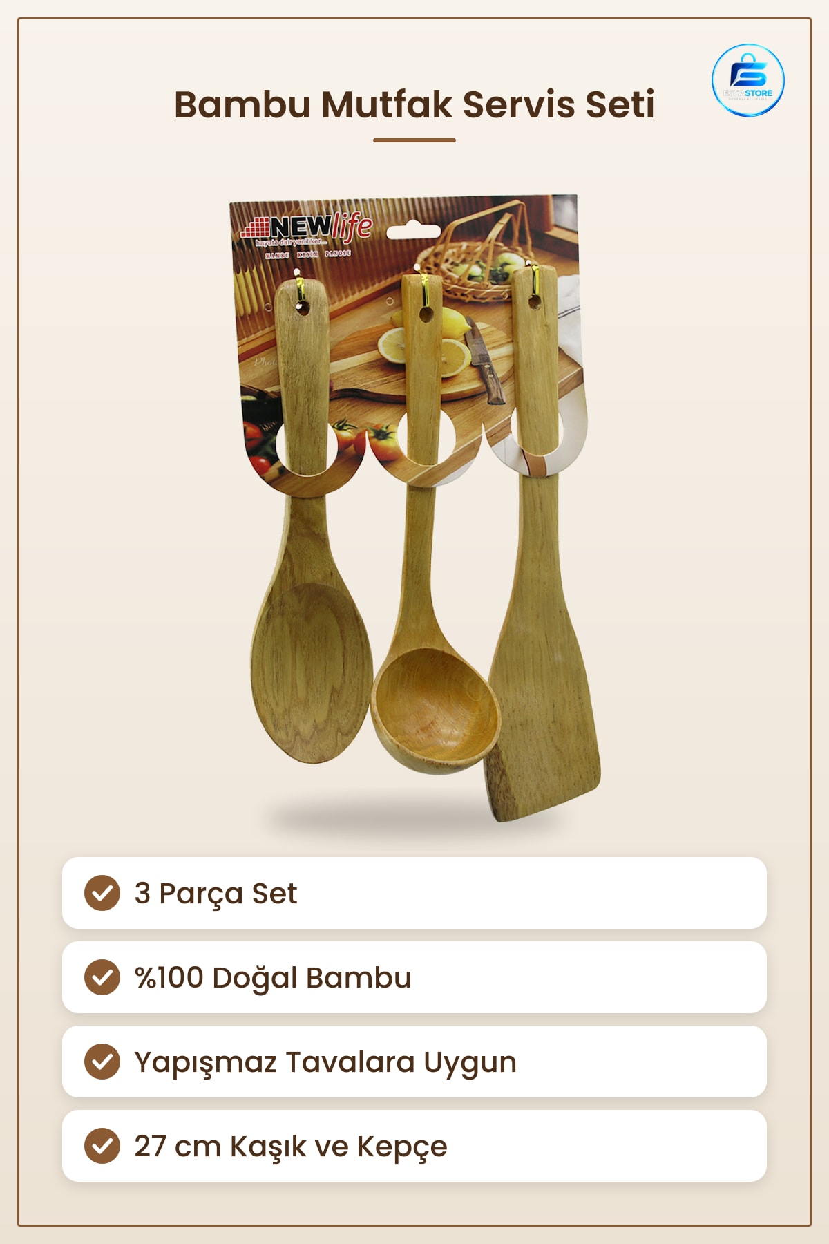 Bambu Ahşap Mutfak Servis Seti 3 Parça /32 cm Kaşık Kepçe Spatula Yemek Hazırlık