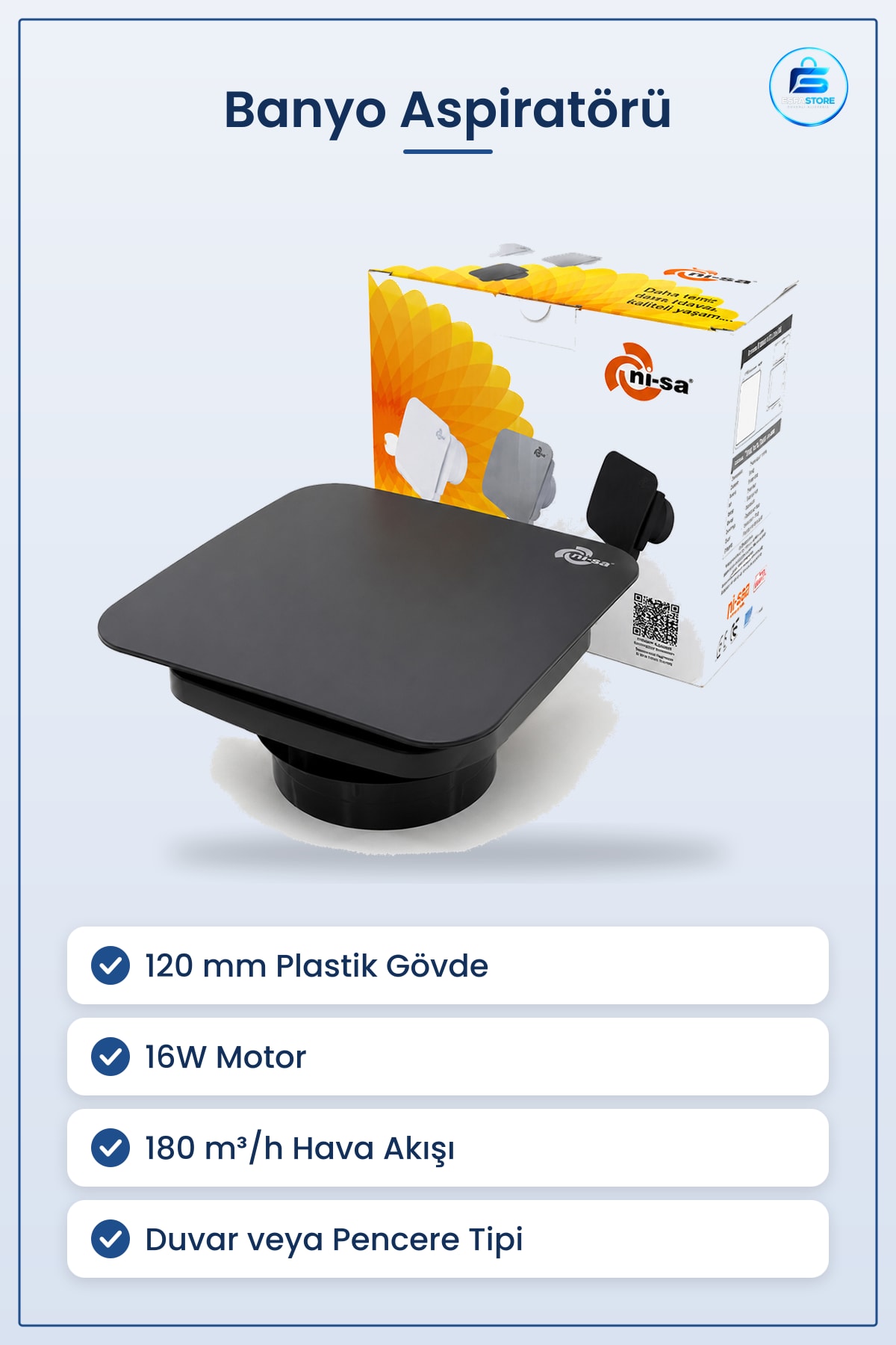 Vantilatör Banyo Tuvalet Aspiratörü 120 mm 16W m³/h Plastik Antrasit Duvar Pencere Tipi