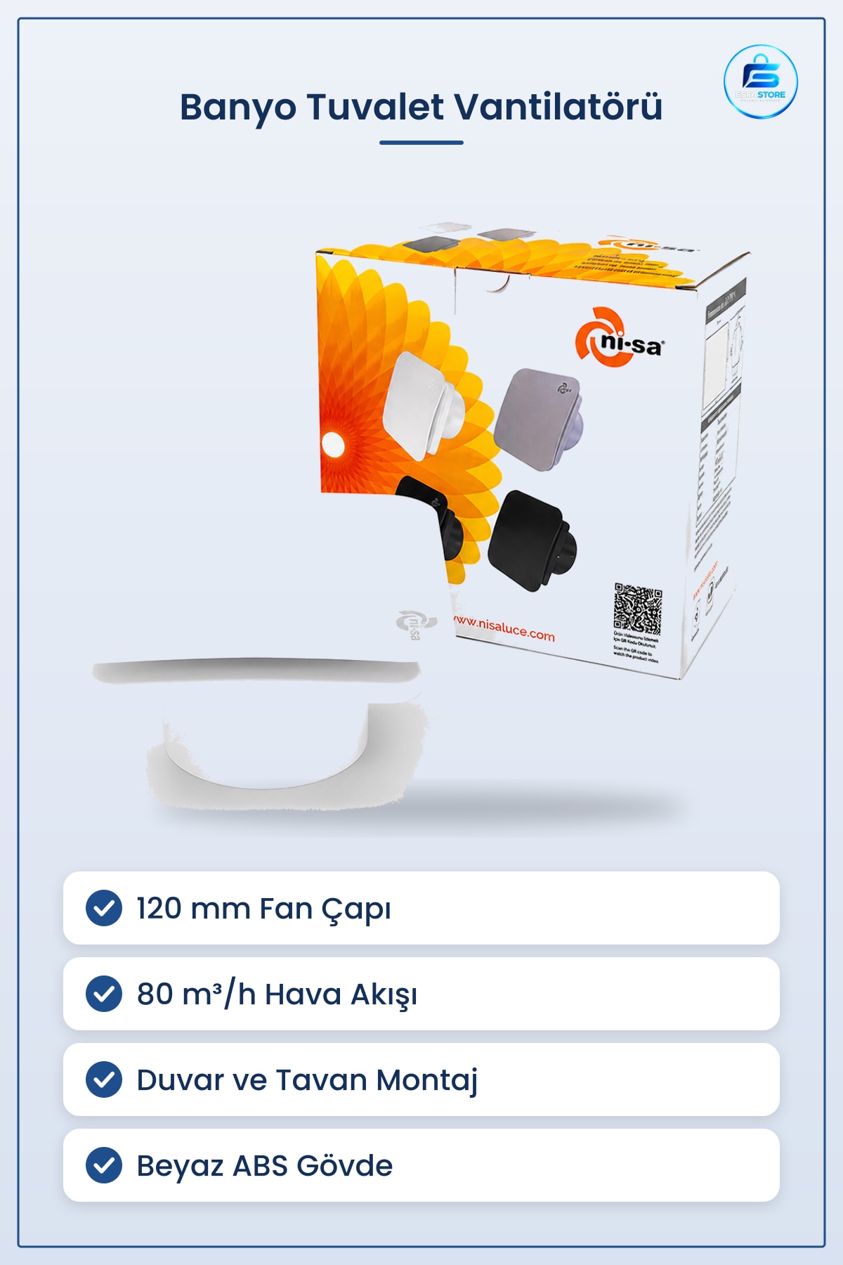 Banyo Tuvalet Vantilatörü 120 mm 16W m³/h Plastik Aspiratör Fan Duvar ve Tavan Montaj