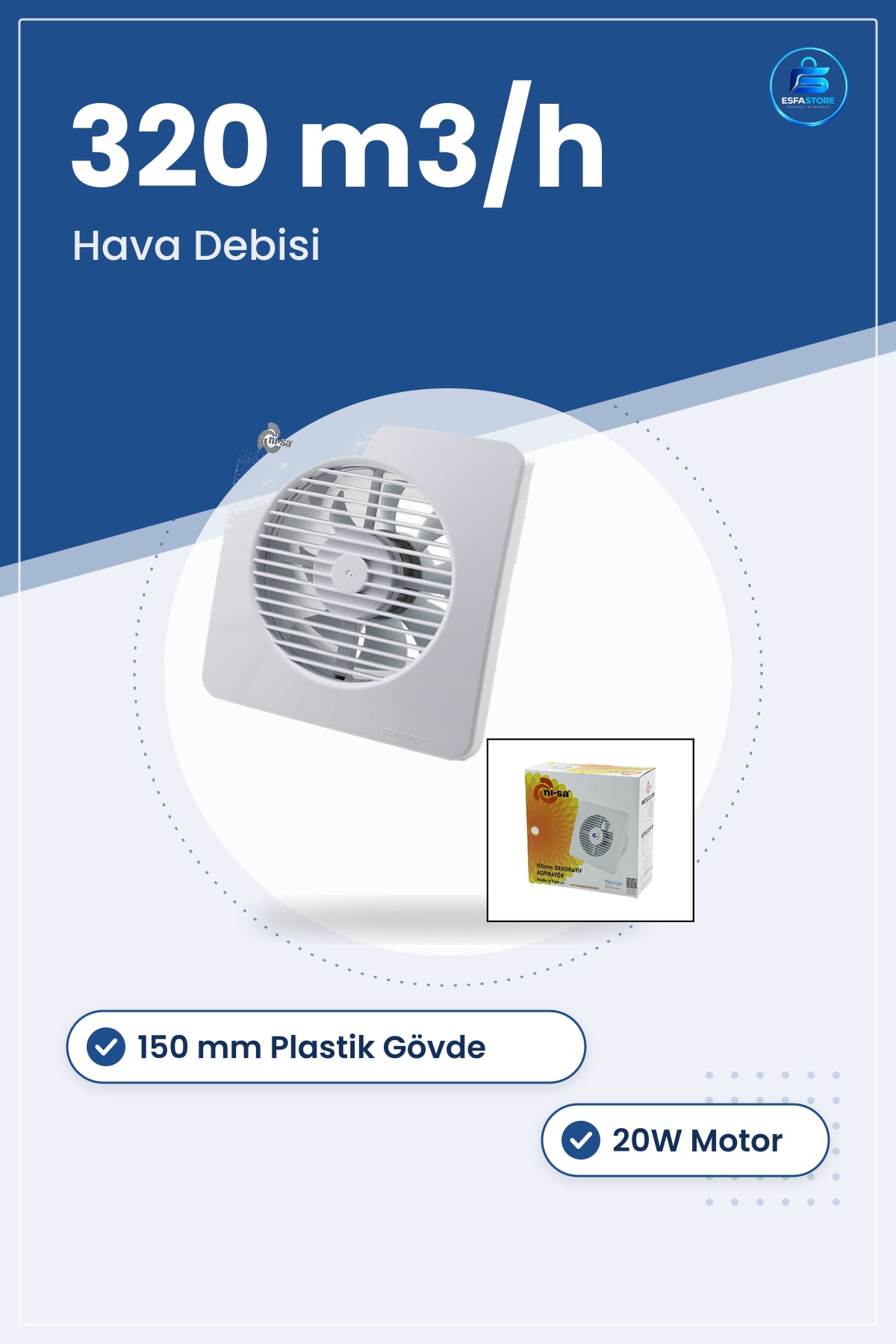 Aspiratör 150 mm Plastik Banyo Tuvalet Fanı 20W m3/h Nem Koku Kontrolü Düşük Gürültülü