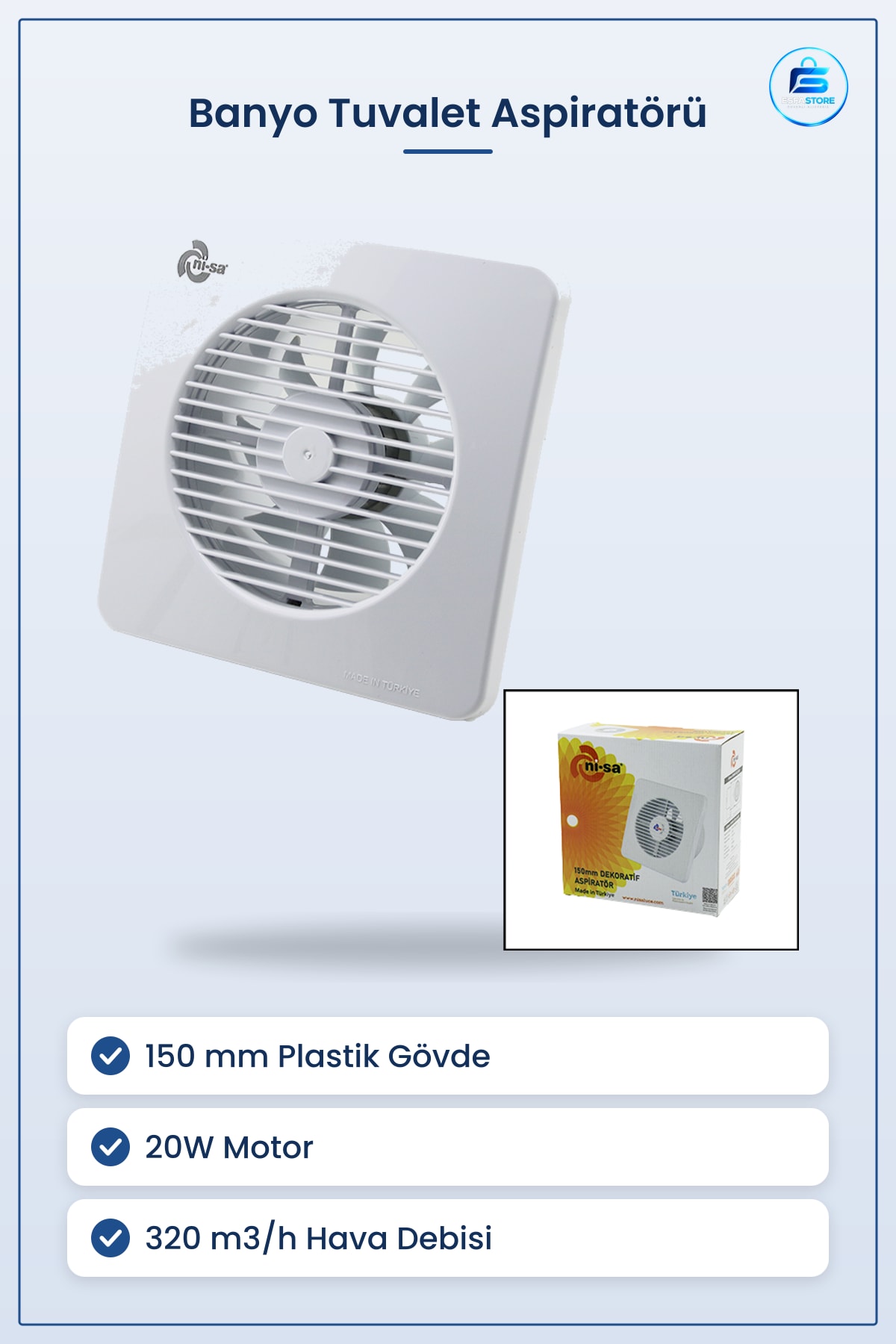 Aspiratör 150 mm Plastik Banyo Tuvalet Fanı 20W m3/h Nem Koku Kontrolü Düşük Gürültülü