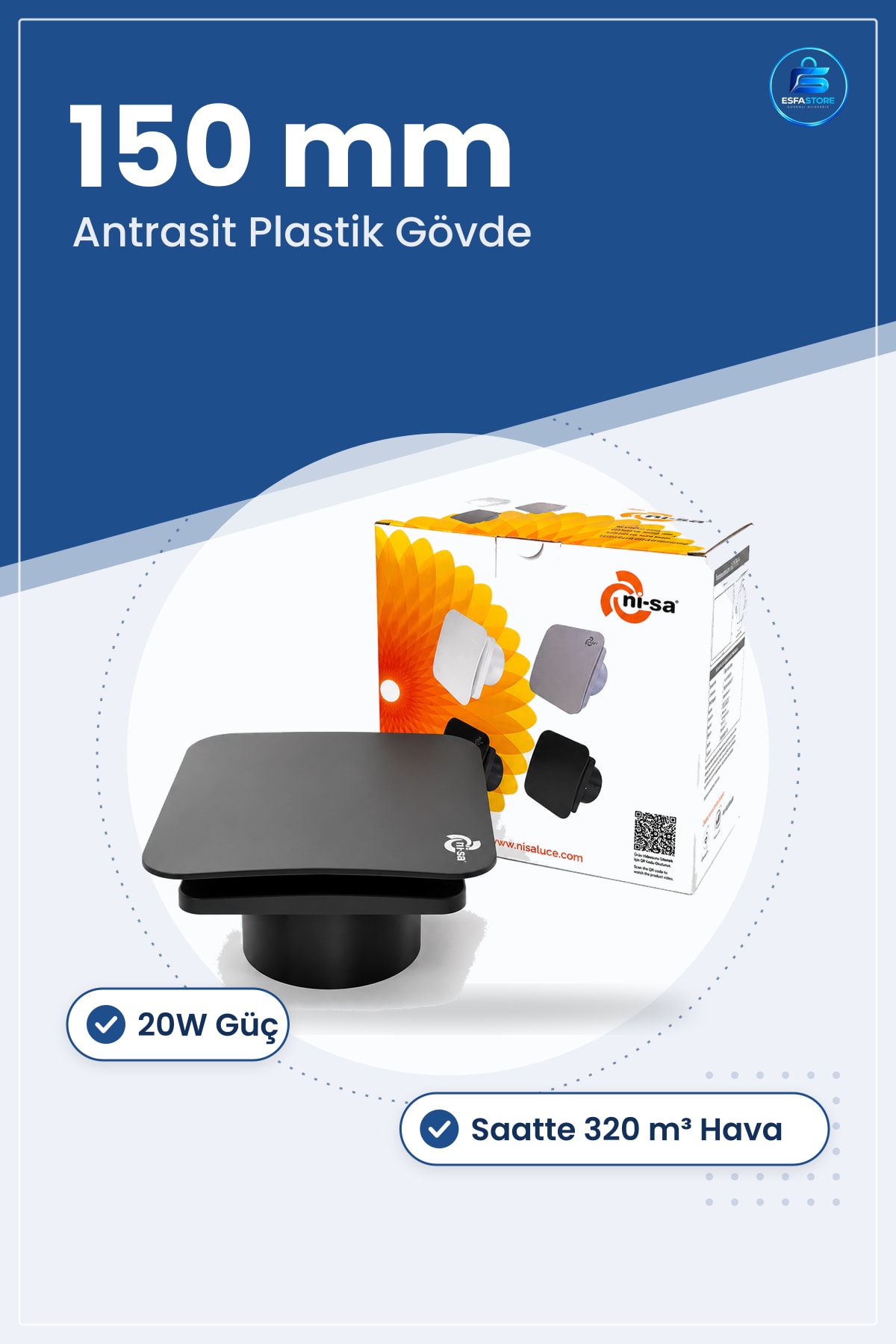 Vantilatör Banyo Tuvalet Havalandırma Aspiratörü 150 mm 20W m³/h Plastik Gövde Antrasit