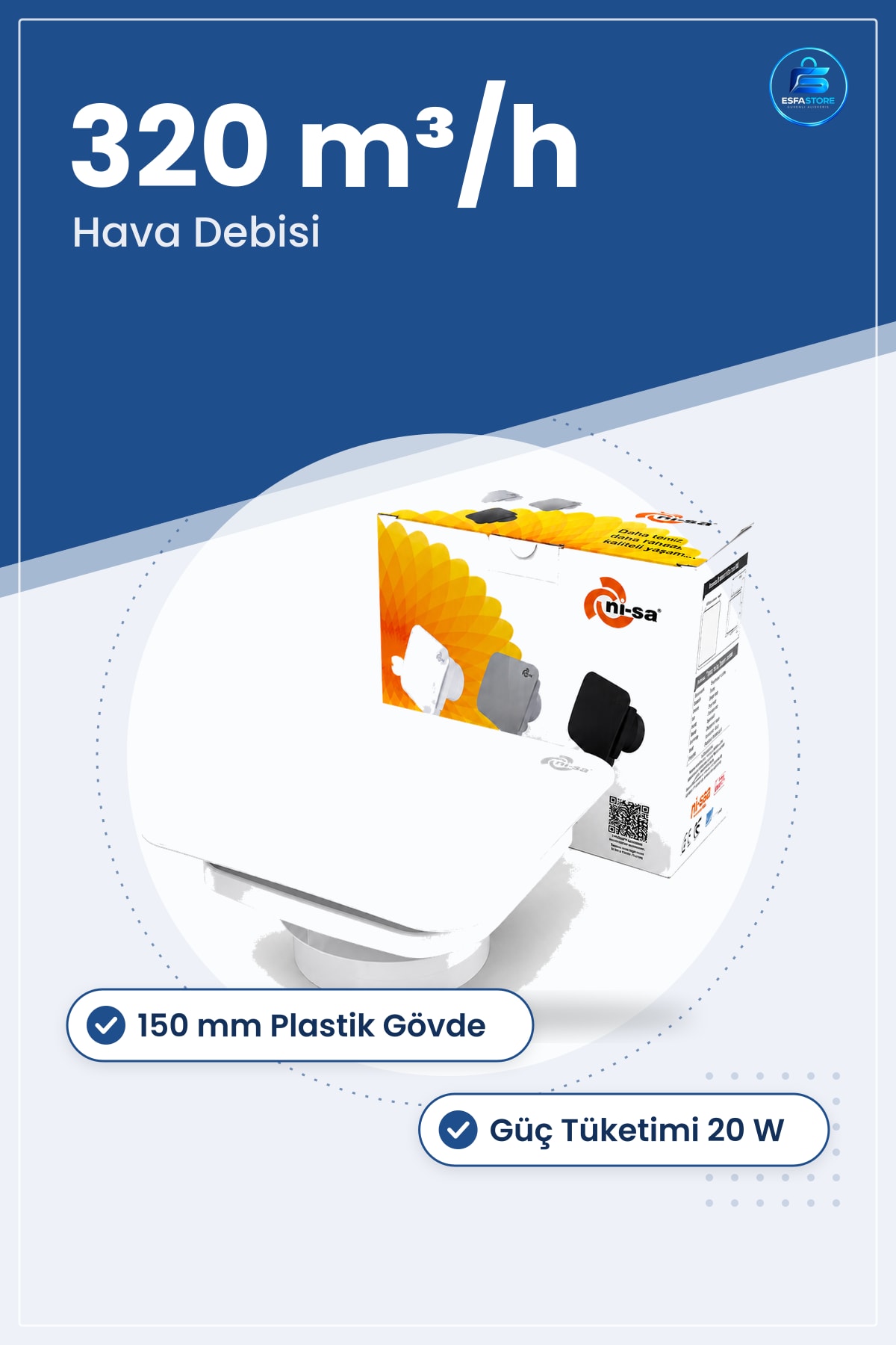 Banyo Aspiratörü 150 mm Plastik 20W m³/h Tuvalet Havalandırma Duvar Tavan Vantilatör