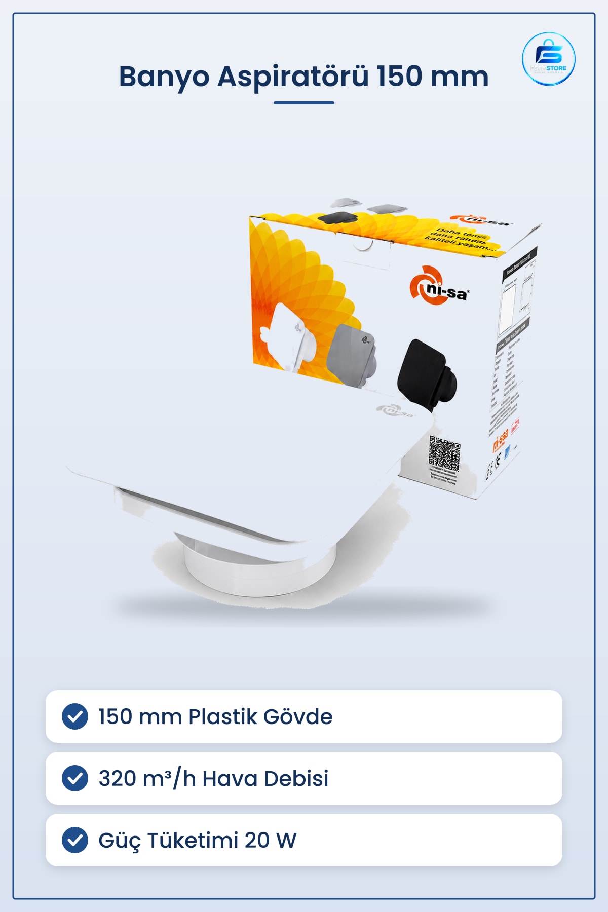 Banyo Aspiratörü 150 mm Plastik 20W m³/h Tuvalet Havalandırma Duvar Tavan Vantilatör