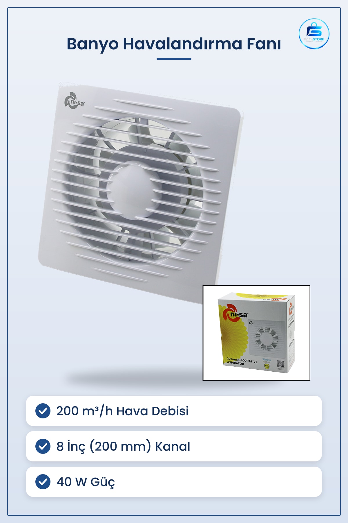 Banyo Tuvalet Havalandırma Aspiratörü 8 inç 200 mm m³/h 40W Nem Koku Tahliye Fan Mutfak Ev Kullanımı