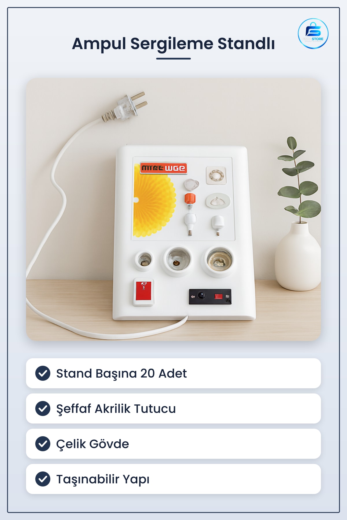 Ampul ve 12V LED Panel Deneme Standı Duy Sergileme Mağaza Showroom Bayi Stand Adete Kadar