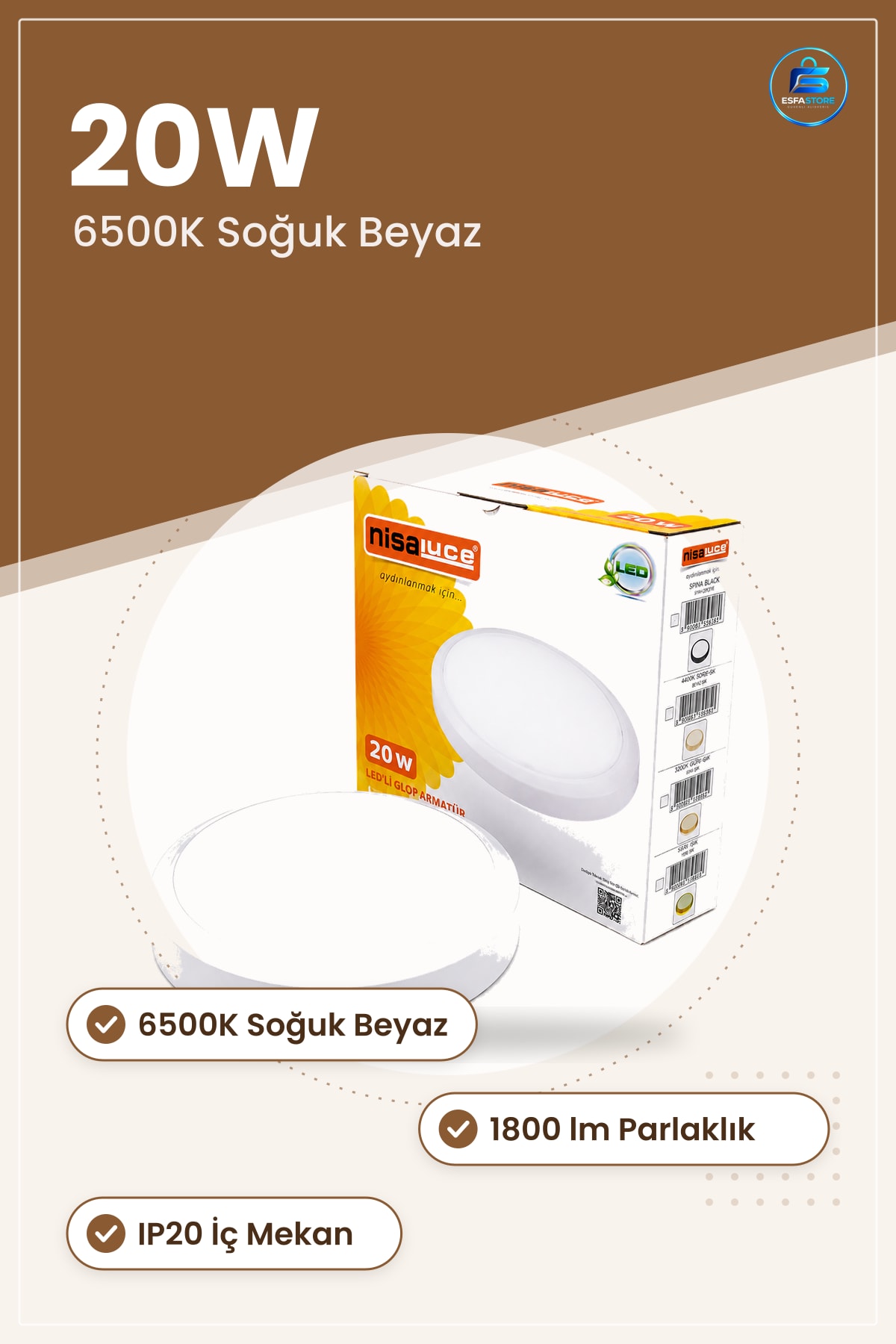 Armatür LED Sıva Üstü Yuvarlak 20W 6500K 1800lm Beyaz Metal Tavan Aydınlatma Ofis Koridor
