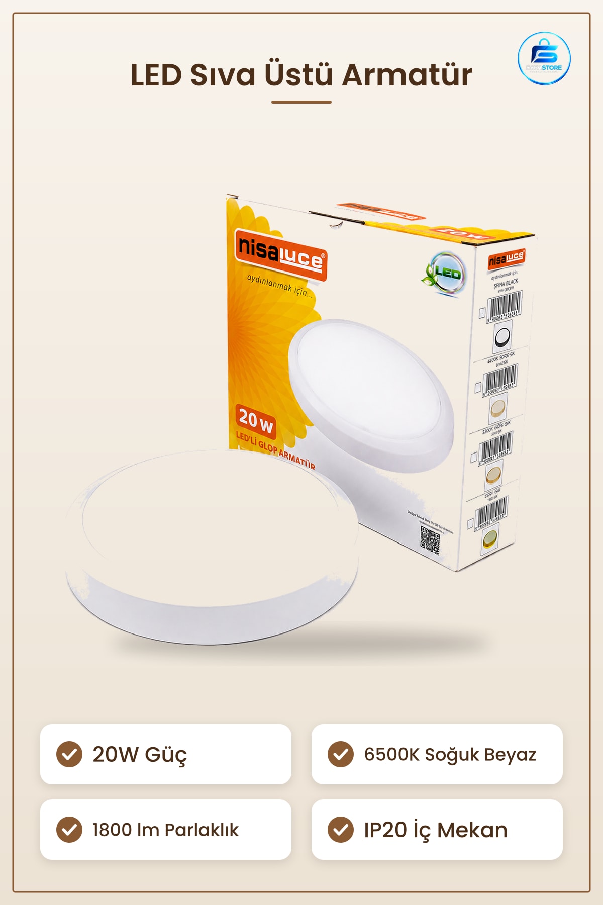 Armatür LED Sıva Üstü Yuvarlak 20W 6500K 1800lm Beyaz Metal Tavan Aydınlatma Ofis Koridor