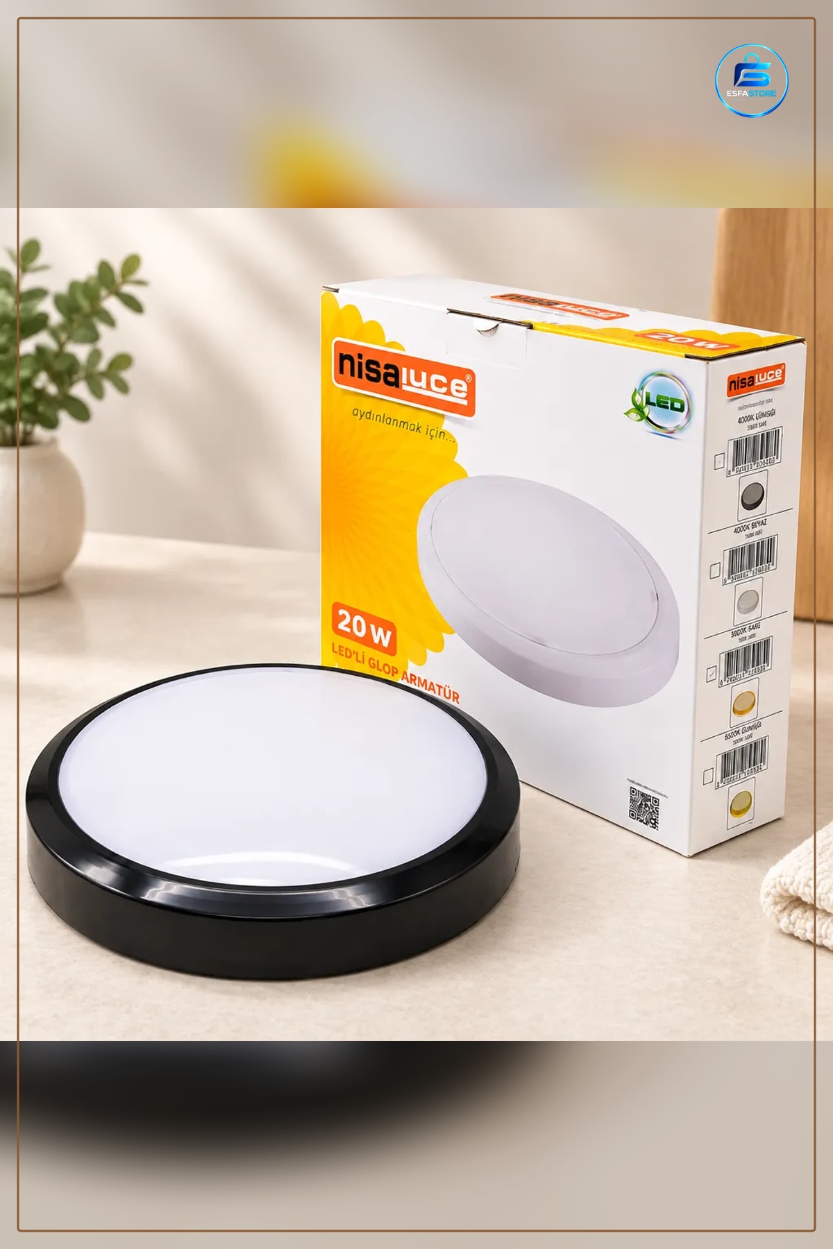 LED Glop Armatür 20W Sıva Üstü Yuvarlak Siyah 6500K 1800Lm IP20 Koridor Antre Ofis Aydınlatma