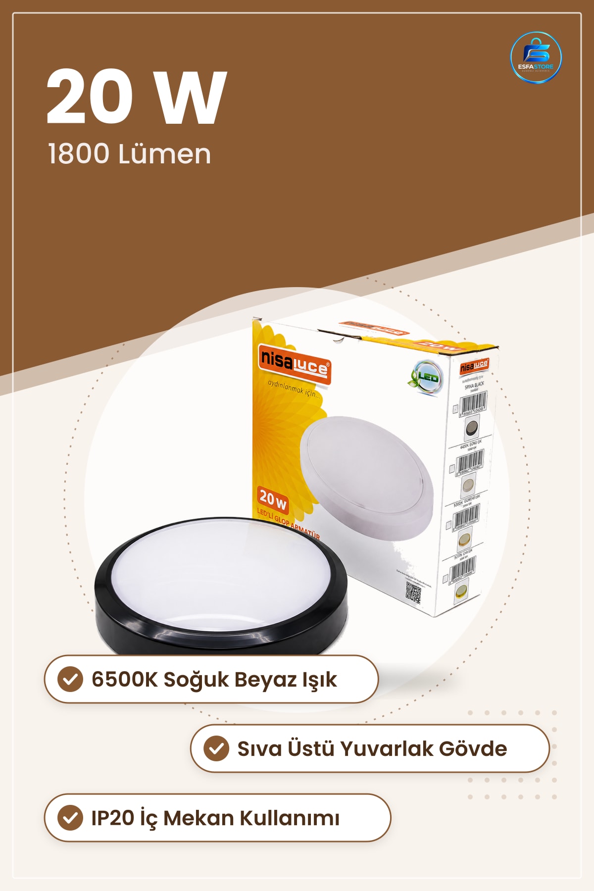LED Glop Armatür 20W Sıva Üstü Yuvarlak Siyah 6500K 1800Lm IP20 Koridor Antre Ofis Aydınlatma