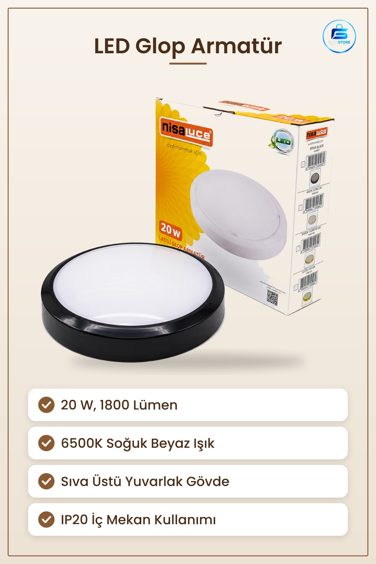 LED Glop Armatür 20W Sıva Üstü Yuvarlak Siyah 6500K 1800Lm IP20 Koridor Antre Ofis Aydınlatma