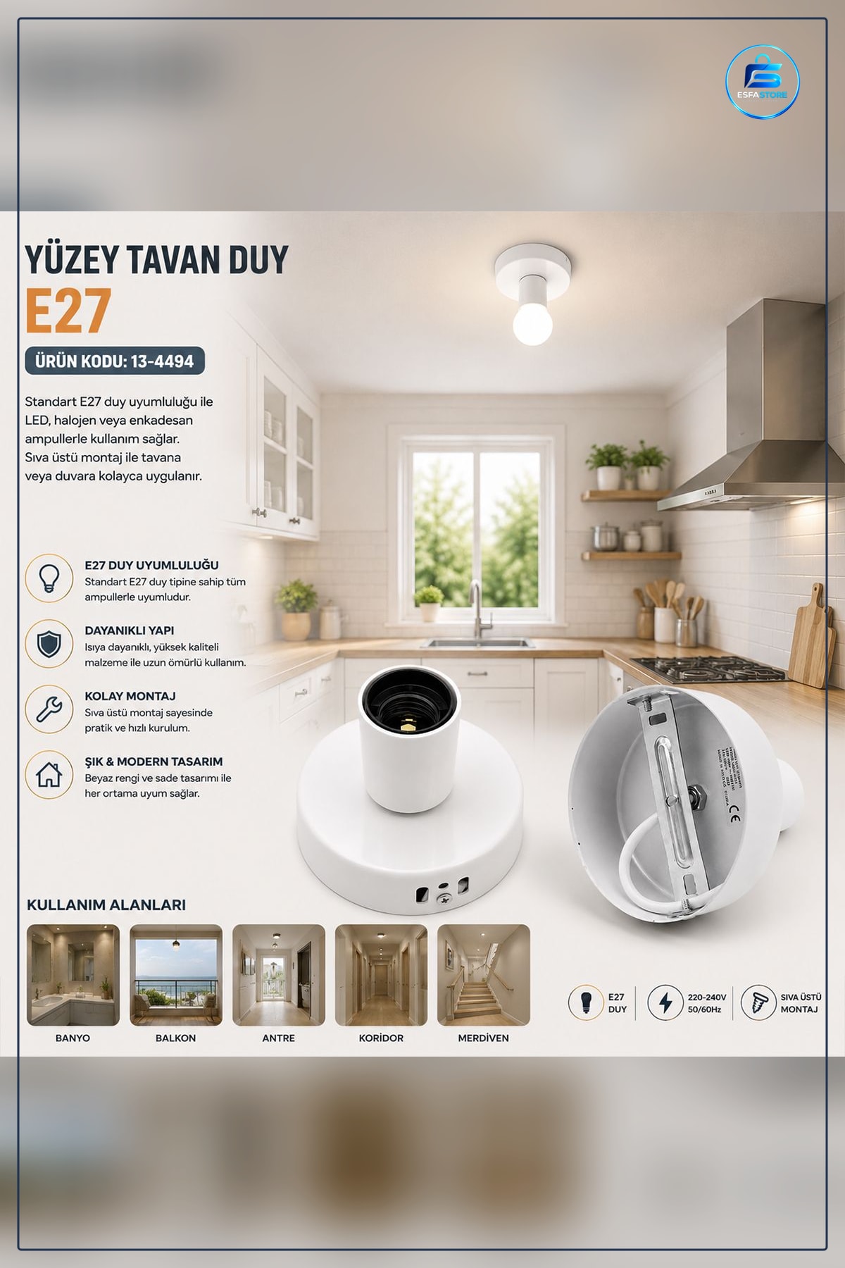 E27 Yüzey Tavan Duy Metal Beyaz Sıva Üstü Montaj Ampul Duyu Banyo Balkon Antre Koridor Aydınlatma