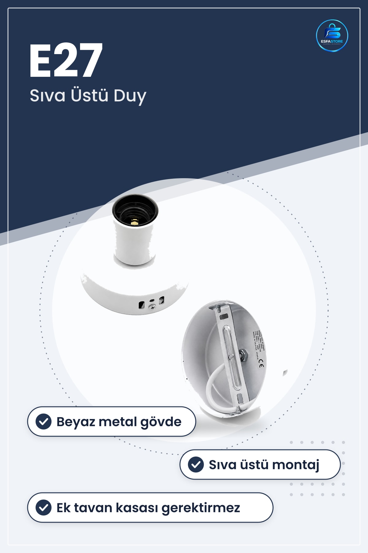 E27 Yüzey Tavan Duy Metal Beyaz Sıva Üstü Montaj Ampul Duyu Banyo Balkon Antre Koridor Aydınlatma