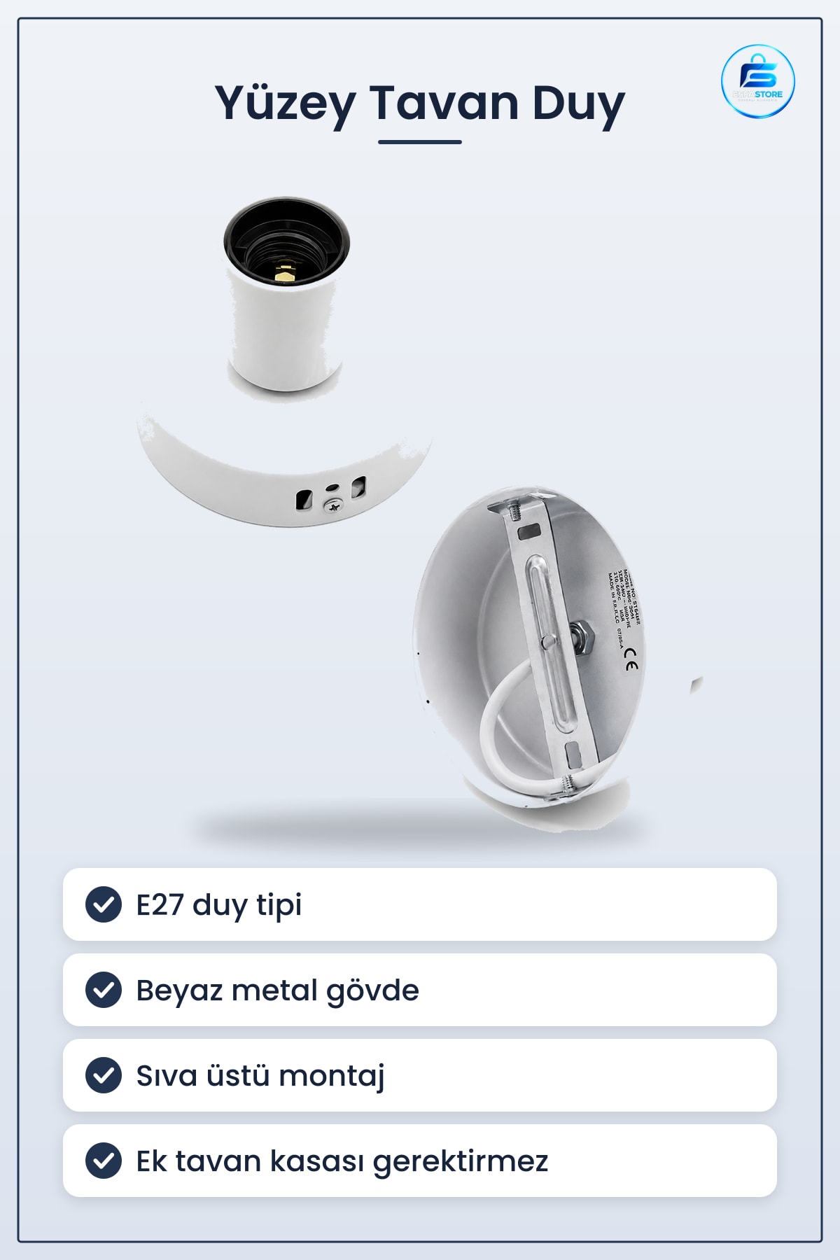 E27 Yüzey Tavan Duy Metal Beyaz Sıva Üstü Montaj Ampul Duyu Banyo Balkon Antre Koridor Aydınlatma