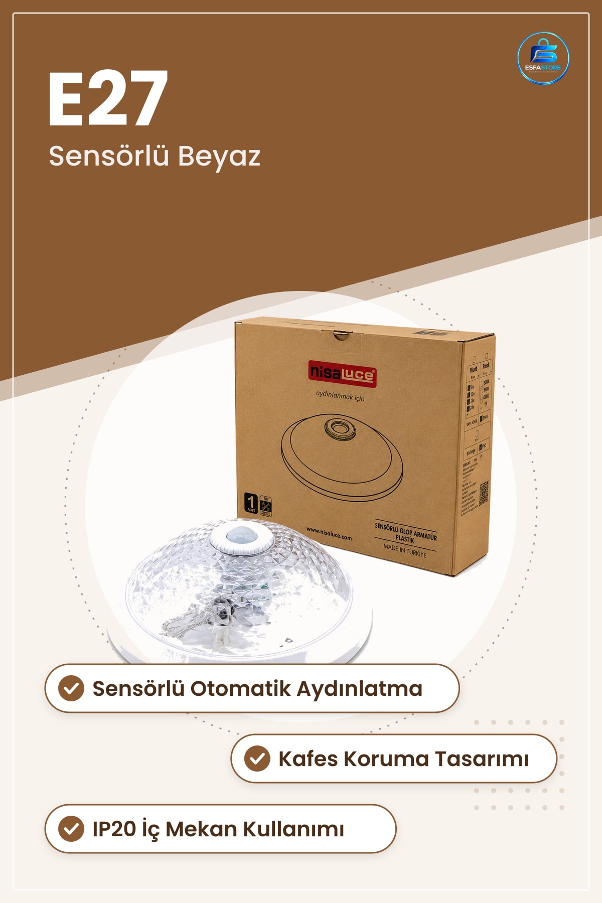 E27 Sensörlü Plastik Armatür Kafes Beyaz IP20 Koridor Merdiven Depo Garaj İç Mekan Aydınlatma