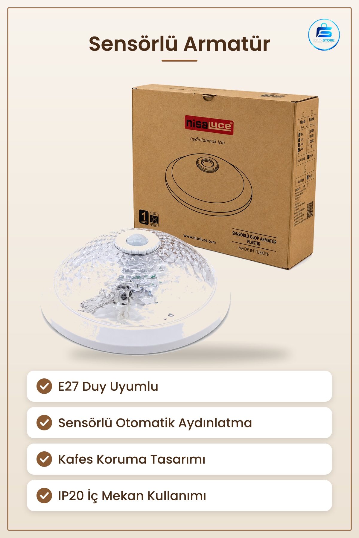 E27 Sensörlü Plastik Armatür Kafes Beyaz IP20 Koridor Merdiven Depo Garaj İç Mekan Aydınlatma