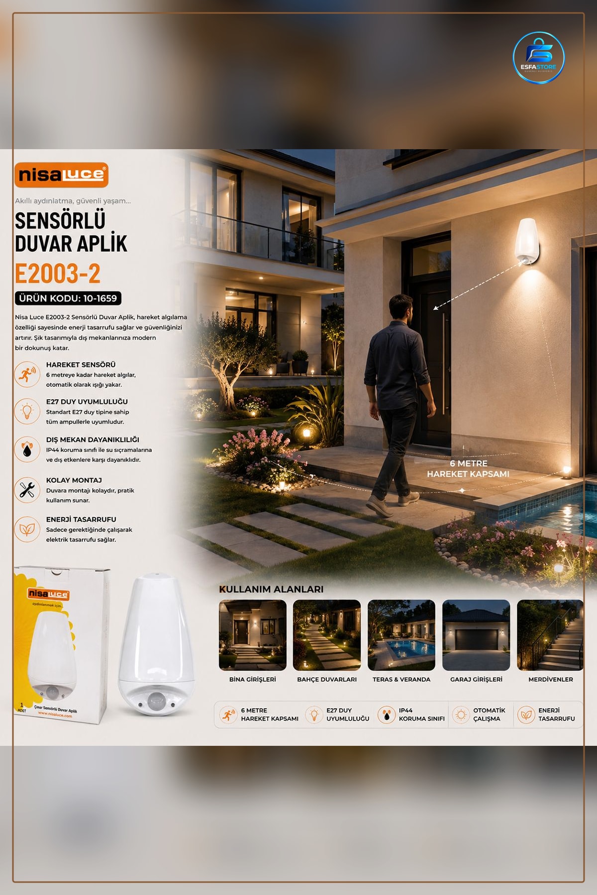 Aplik Sensörlü LED Duvar E27 IP20 Koridor Antre Merdiven İç Mekan Enerji Tasarruflu Aydınlatma