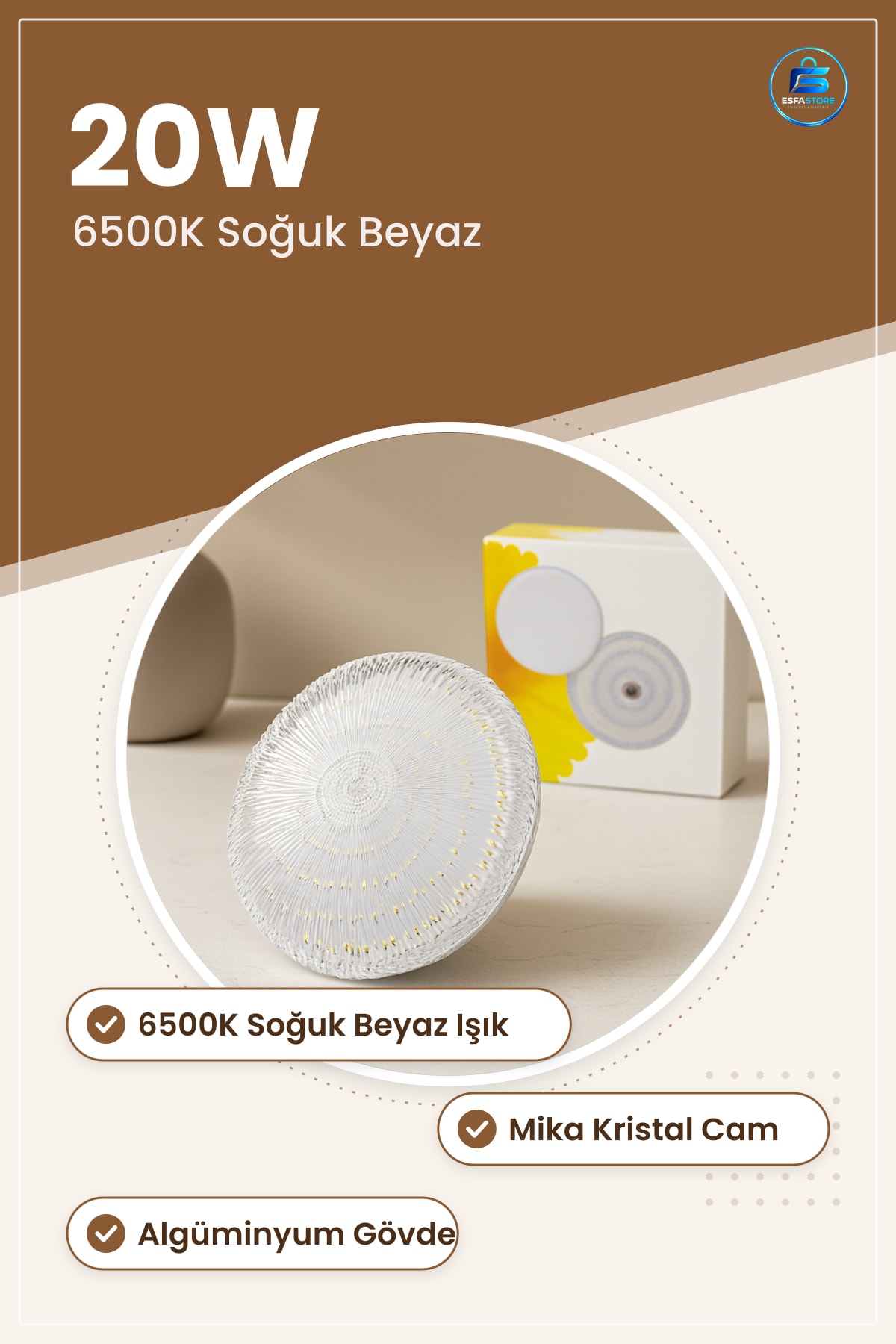 UFO LED Ampul 20W 6500K Soğuk Beyaz Mika Kristal Cam Enerji Tasarruflu Depo Atölye Ofis Aydınlatma