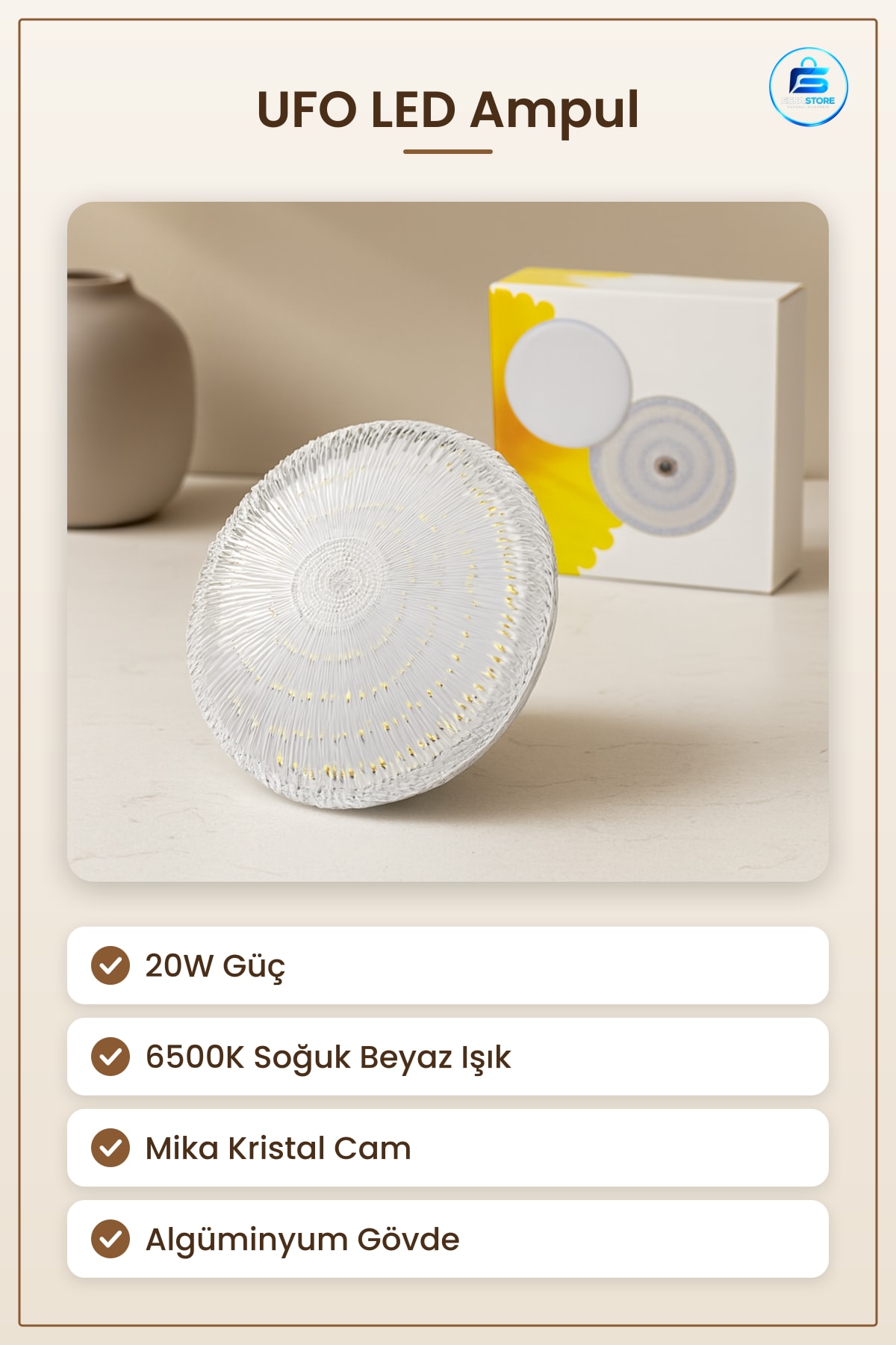 UFO LED Ampul 20W 6500K Soğuk Beyaz Mika Kristal Cam Enerji Tasarruflu Depo Atölye Ofis Aydınlatma