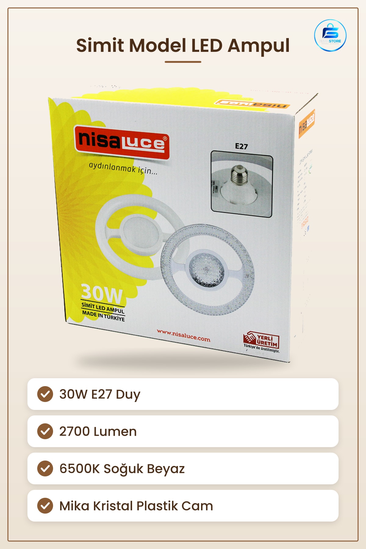 30W E27 LED Ampul 6500K 2700 Lumen Simit Model Mika Kristal Plastik Cam Ev Aydınlatma