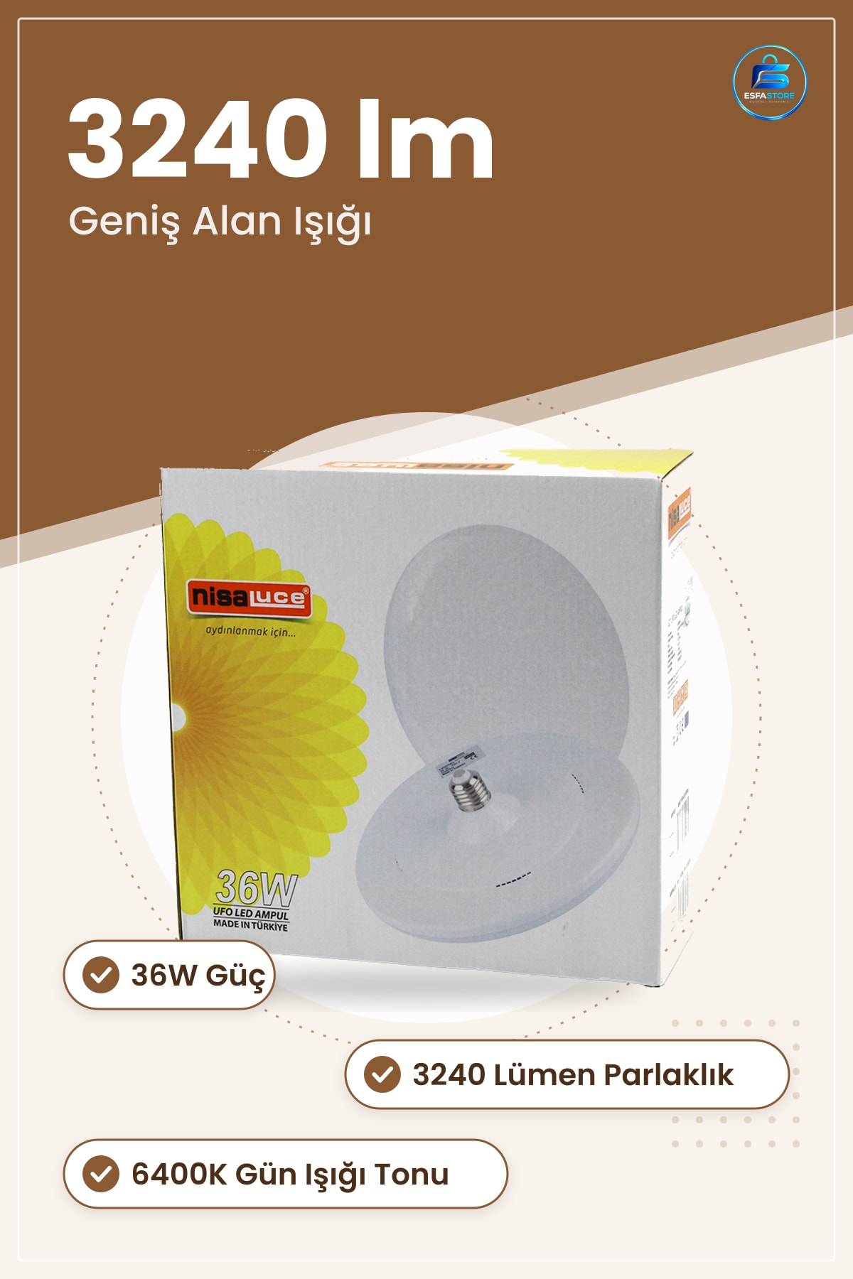 UFO LED Ampul 36W E27 6400K Lümen Ev Ofis Mağaza Depo Atölye Geniş Alan Aydınlatma