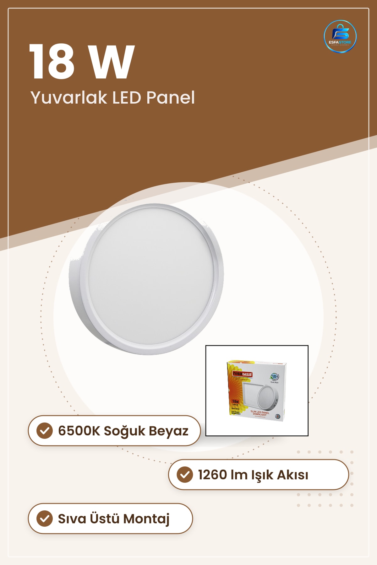 Armatür Yuvarlak LED Slim Panel 18W 6500K 20.5 cm lm Sıva Üstü Ofis Mağaza Koridor
