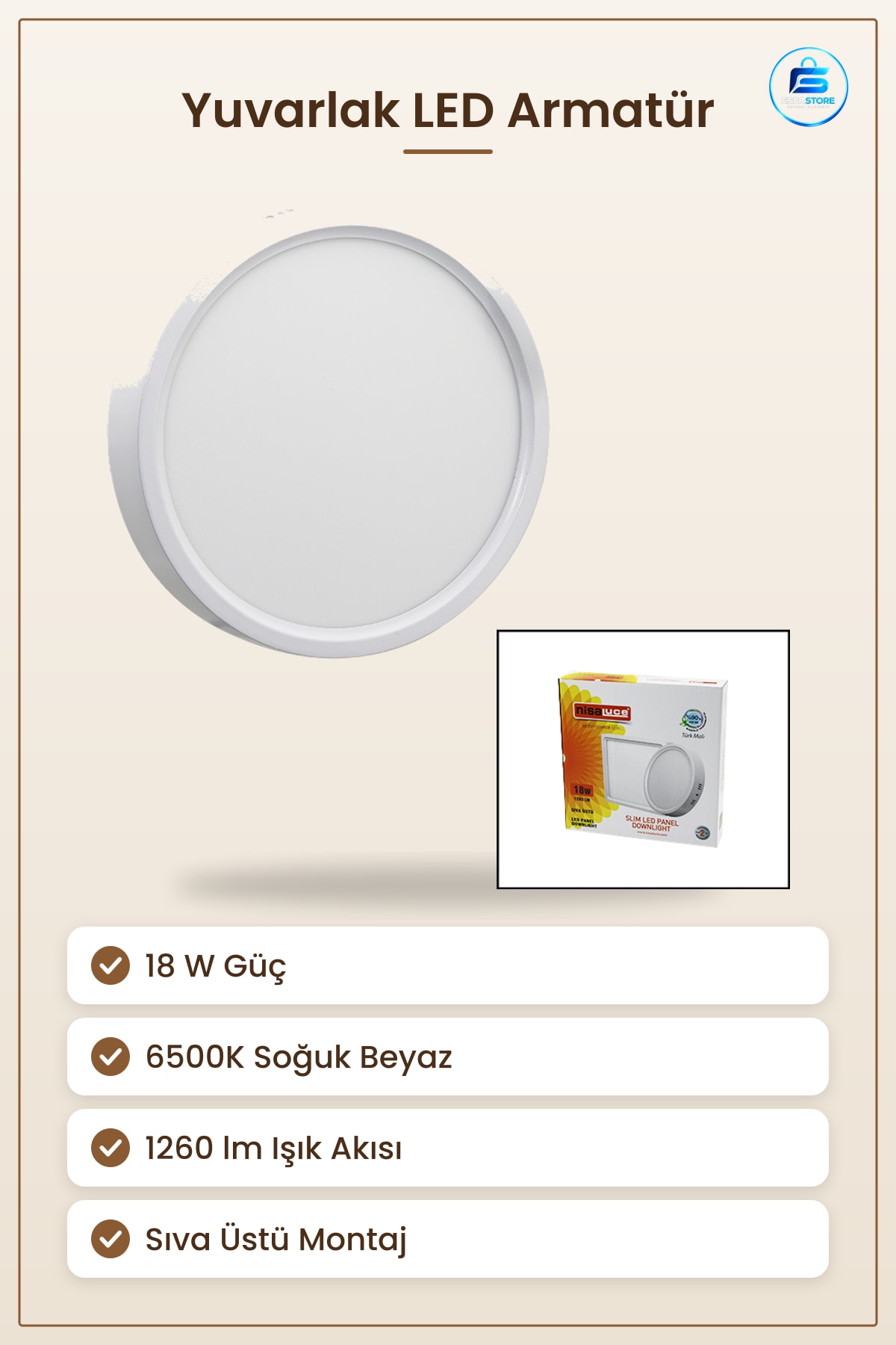 Armatür Yuvarlak LED Slim Panel 18W 6500K 20.5 cm lm Sıva Üstü Ofis Mağaza Koridor