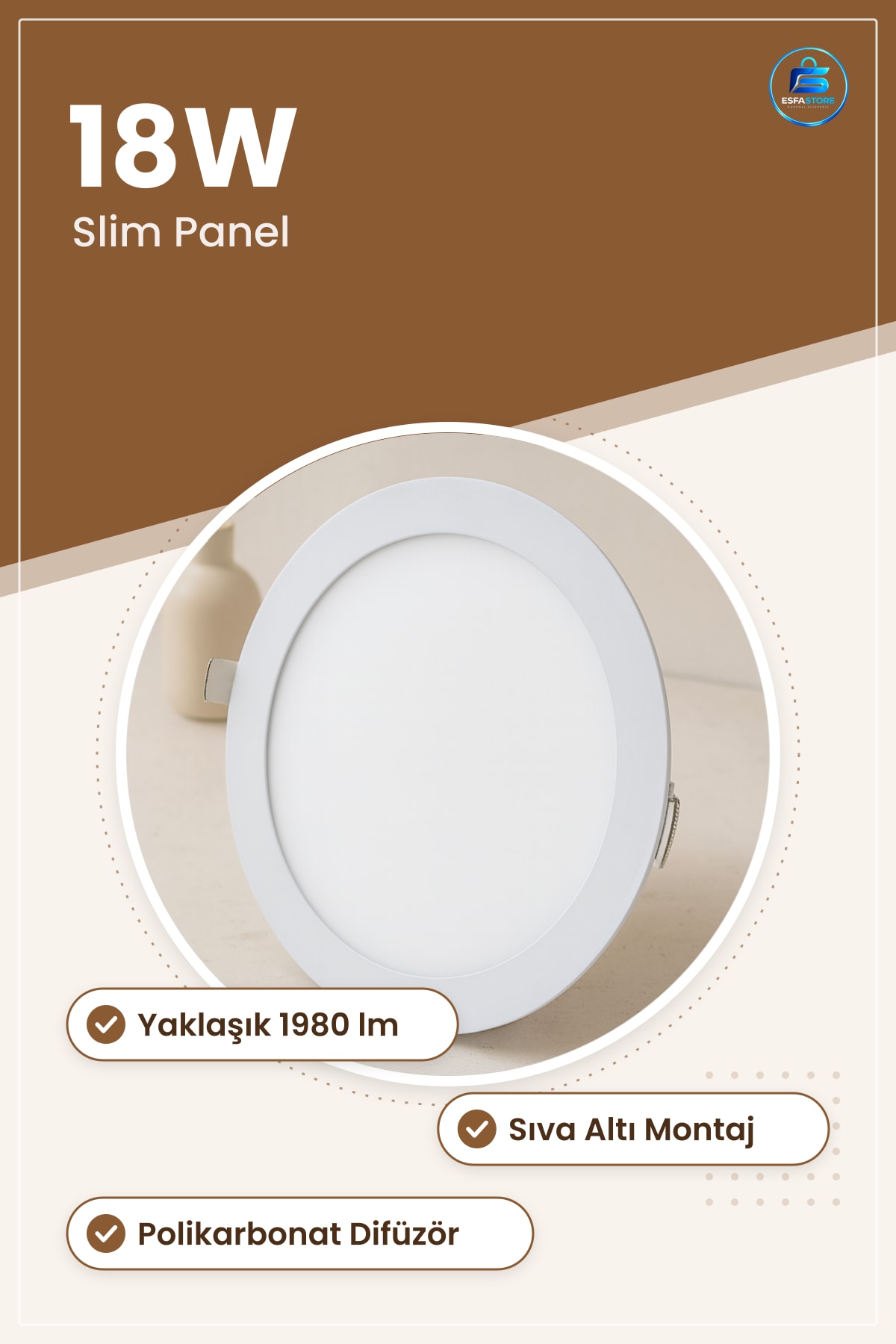 Yuvarlak LED Slim Panel 18W lm Sıva Altı Armatür Ofis Mağaza Koridor Mutfak Aydınlatma