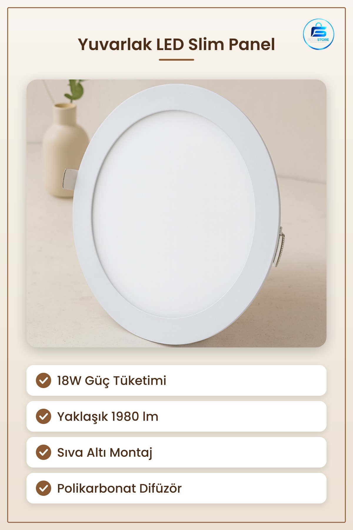 Yuvarlak LED Slim Panel 18W lm Sıva Altı Armatür Ofis Mağaza Koridor Mutfak Aydınlatma