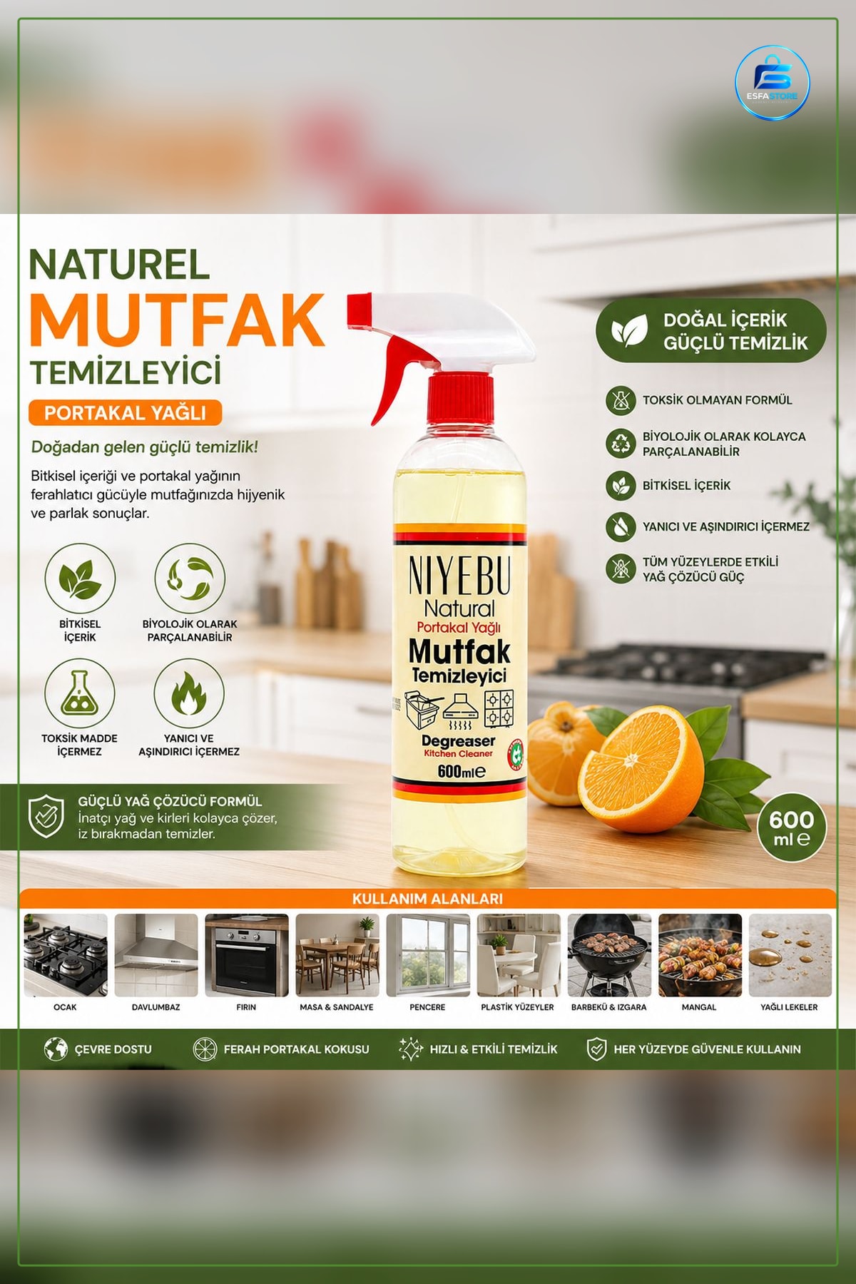 Portakal Kokulu Yağ Çözücü Mutfak Yüzey Temizleyici 600ml Sprey Ocak Tezgah ve Lavabo Çevresi