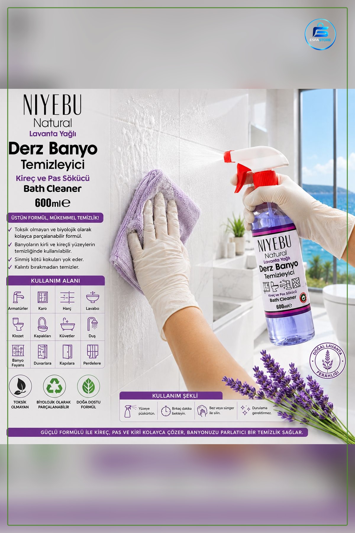 Derz ve Banyo Temizleyici Lavanta Yağlı 600 ml Kıre< Kullanışlı Dayanıklı Pratik
