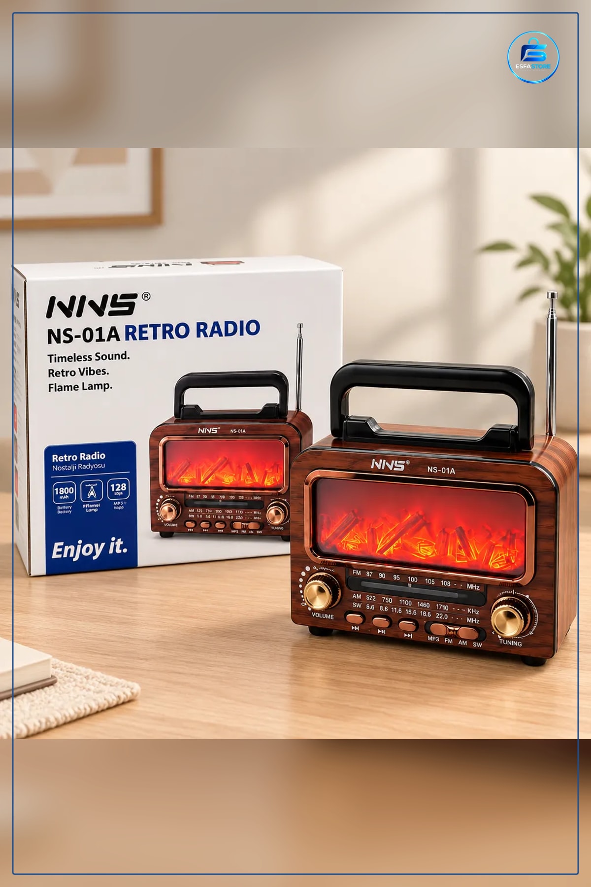 Nostaljik Radyo Şömineli Retro Hoparlör Bluetooth AM FM SW USB Type-C TF Kart Şarjlı