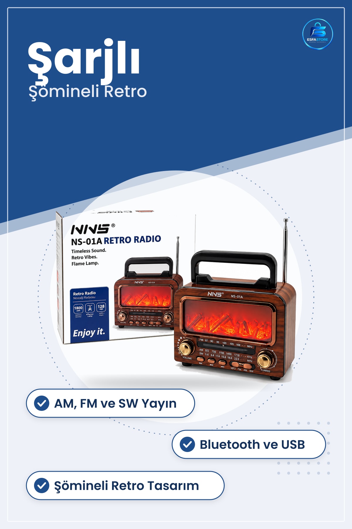 Nostaljik Radyo Şömineli Retro Hoparlör Bluetooth AM FM SW USB Type-C TF Kart Şarjlı