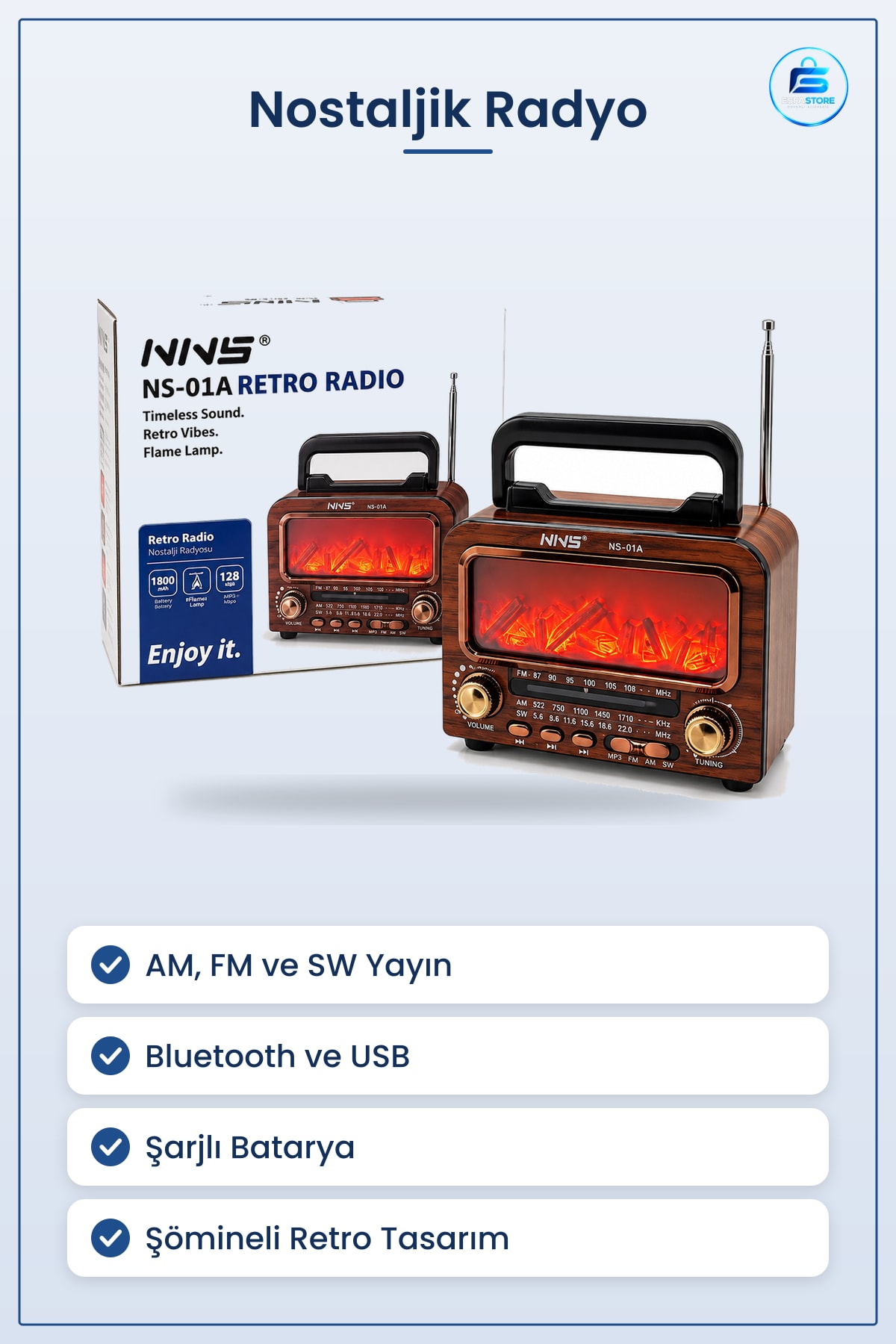 Nostaljik Radyo Şömineli Retro Hoparlör Bluetooth AM FM SW USB Type-C TF Kart Şarjlı