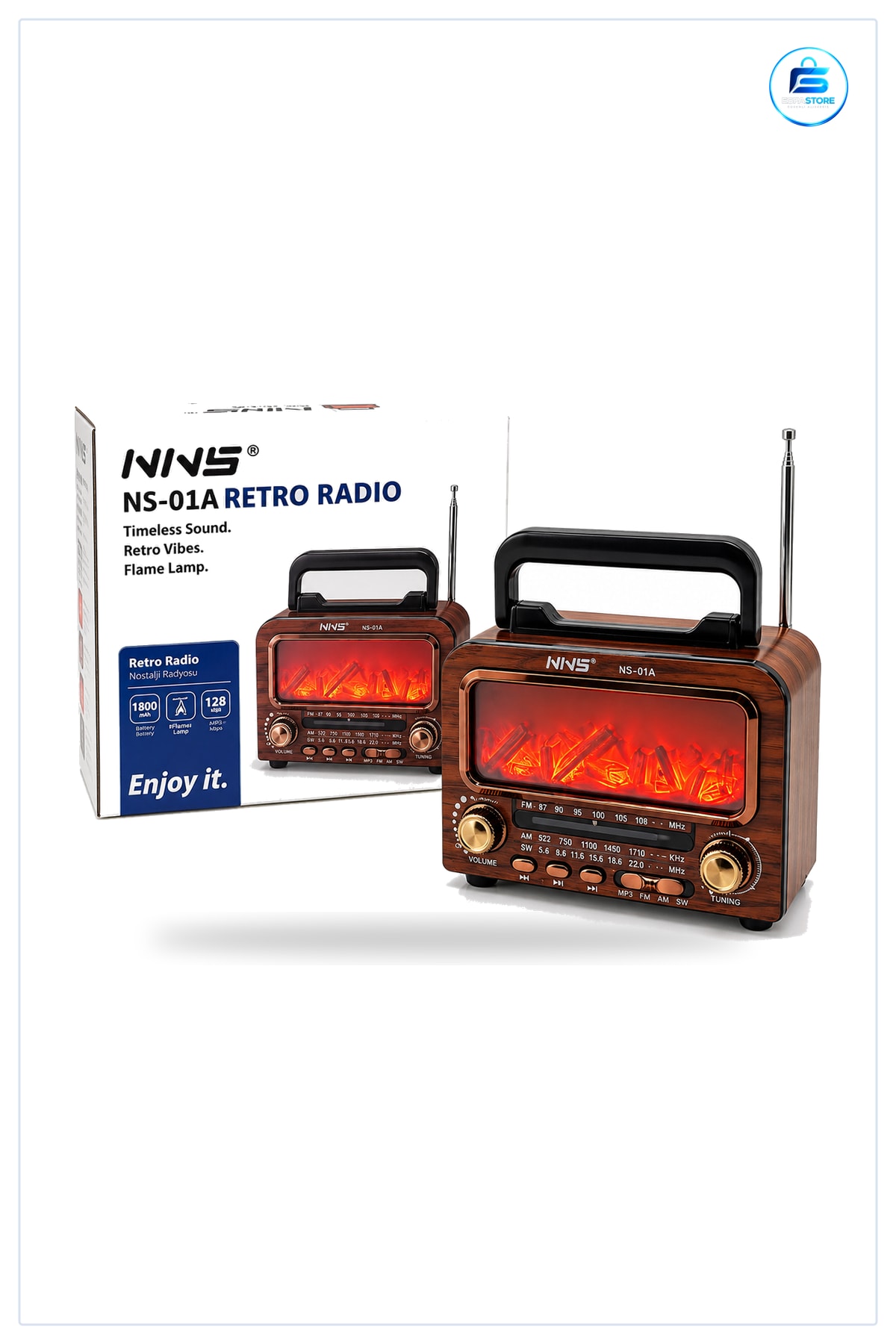 Nostaljik Radyo Şömineli Retro Hoparlör Bluetooth AM FM SW USB Type-C TF Kart Şarjlı