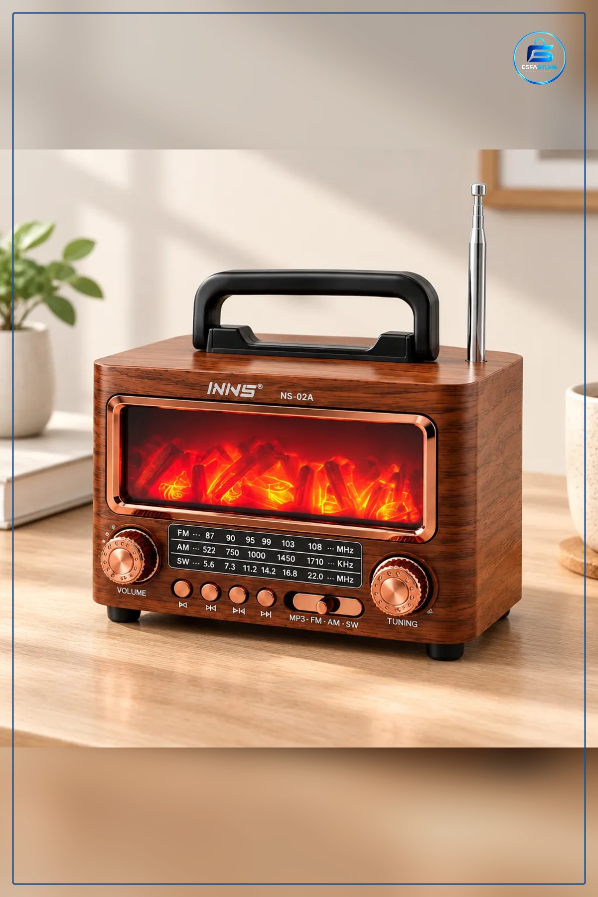 Şömineli Retro Radyo Hoparlör Bluetooth AM FM SW USB Type-C Şarjlı Dekoratif Ahşap Görünümlü