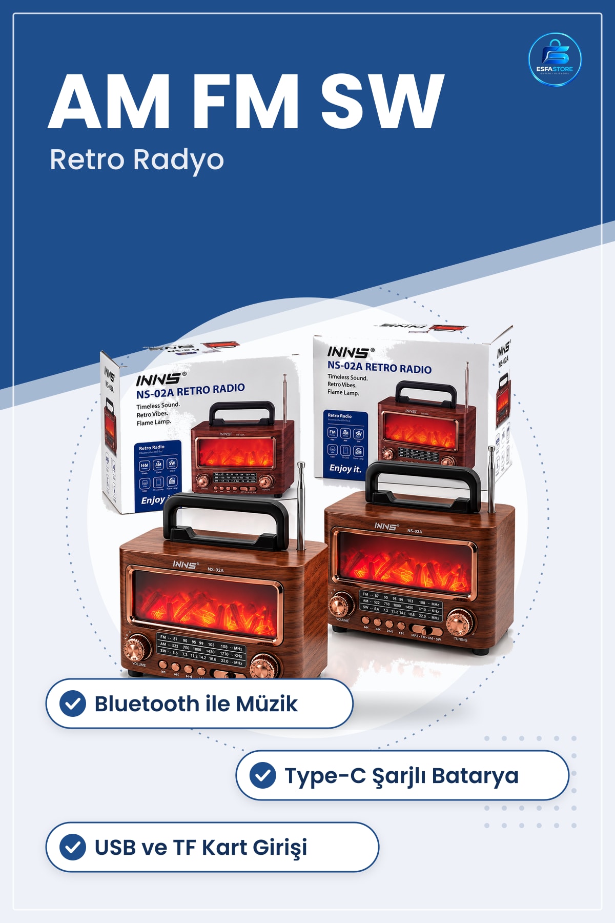 Şömineli Retro Radyo Hoparlör Bluetooth AM FM SW USB Type-C Şarjlı Dekoratif Ahşap Görünümlü