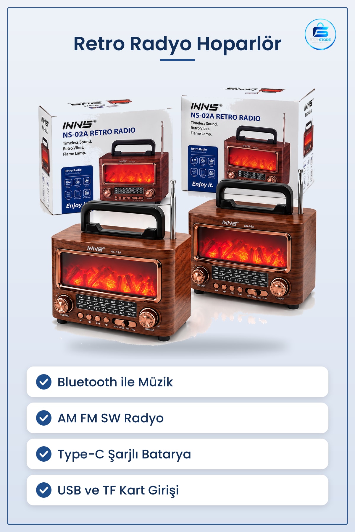 Şömineli Retro Radyo Hoparlör Bluetooth AM FM SW USB Type-C Şarjlı Dekoratif Ahşap Görünümlü