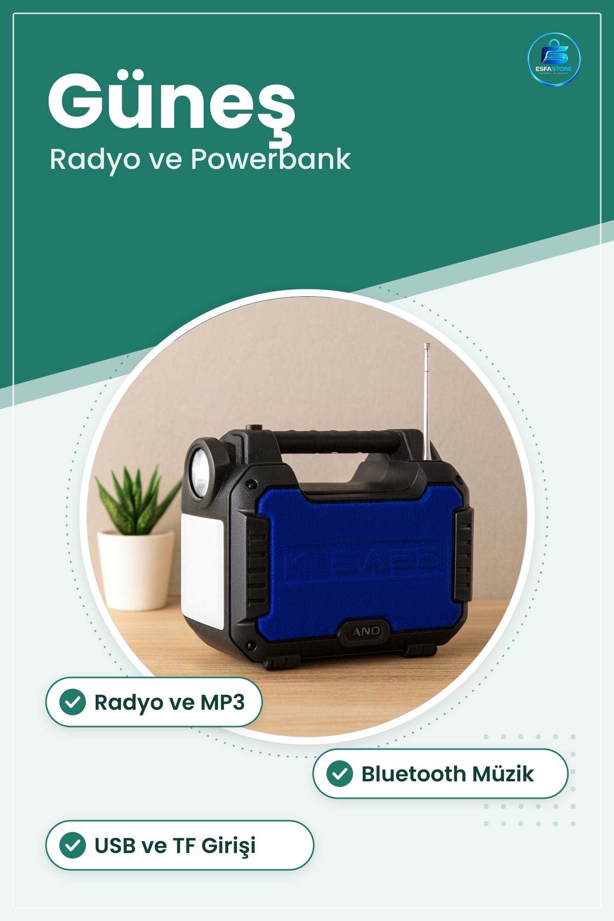 Güneş Enerjili El Feneri Radyo MP3 Bluetooth USB/TF Powerbank Acil Durum Kamp Outdoor Işık