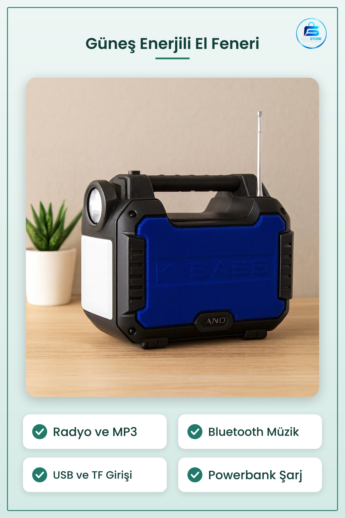 Güneş Enerjili El Feneri Radyo MP3 Bluetooth USB/TF Powerbank Acil Durum Kamp Outdoor Işık