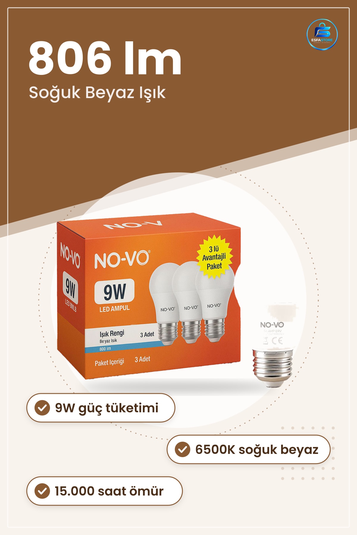 LED Ampul E27 9W 6500K 806lm Soğuk Işık Enerji Tasarruflu Ev Ofis Mağaza Aydınlatma Lambası