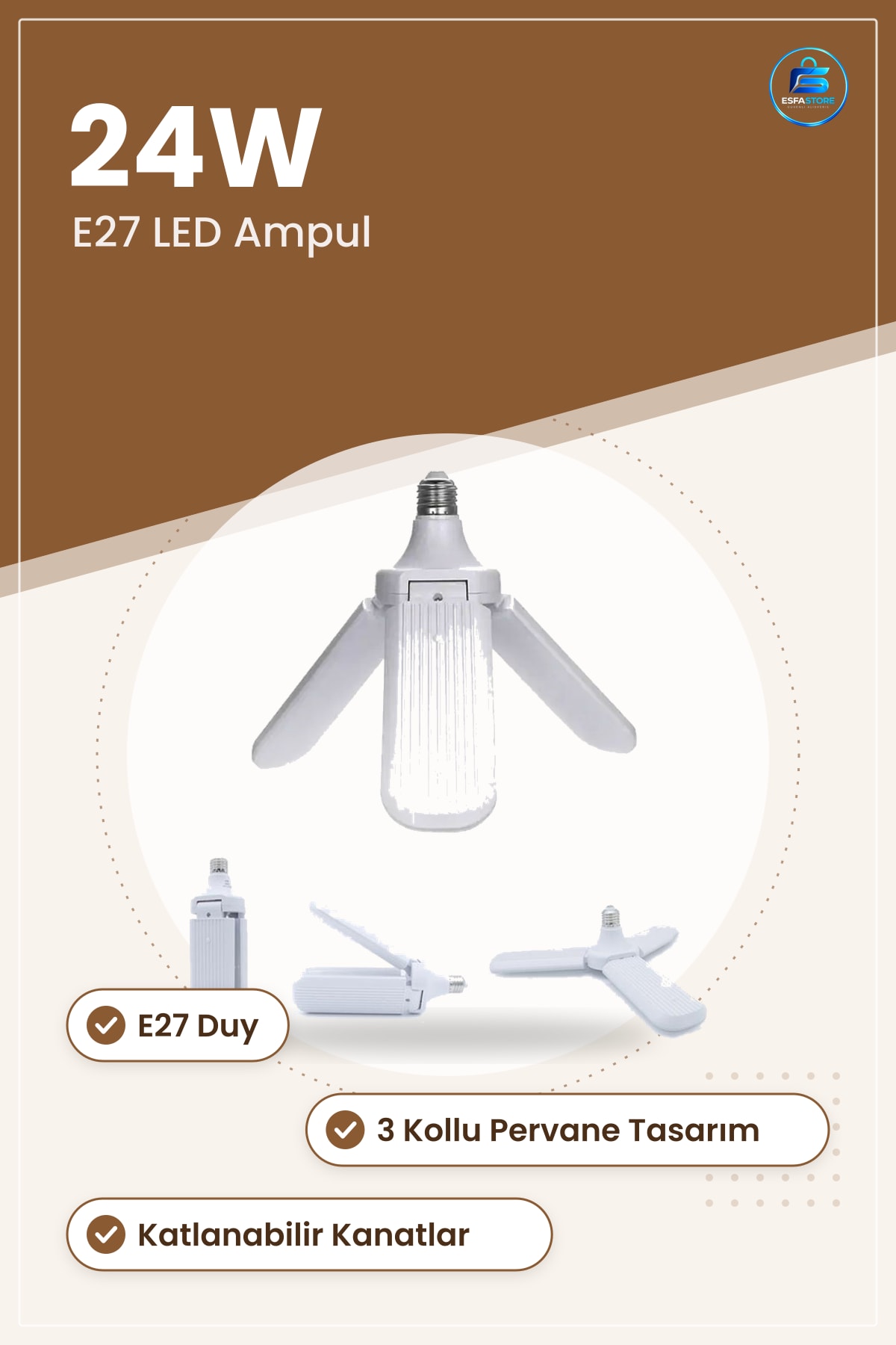 Pervane Model 3 Kollu LED Ampul Beyaz E27 24W Katlanabilir Ev ve İş Yeri Tavan Aydınlatma
