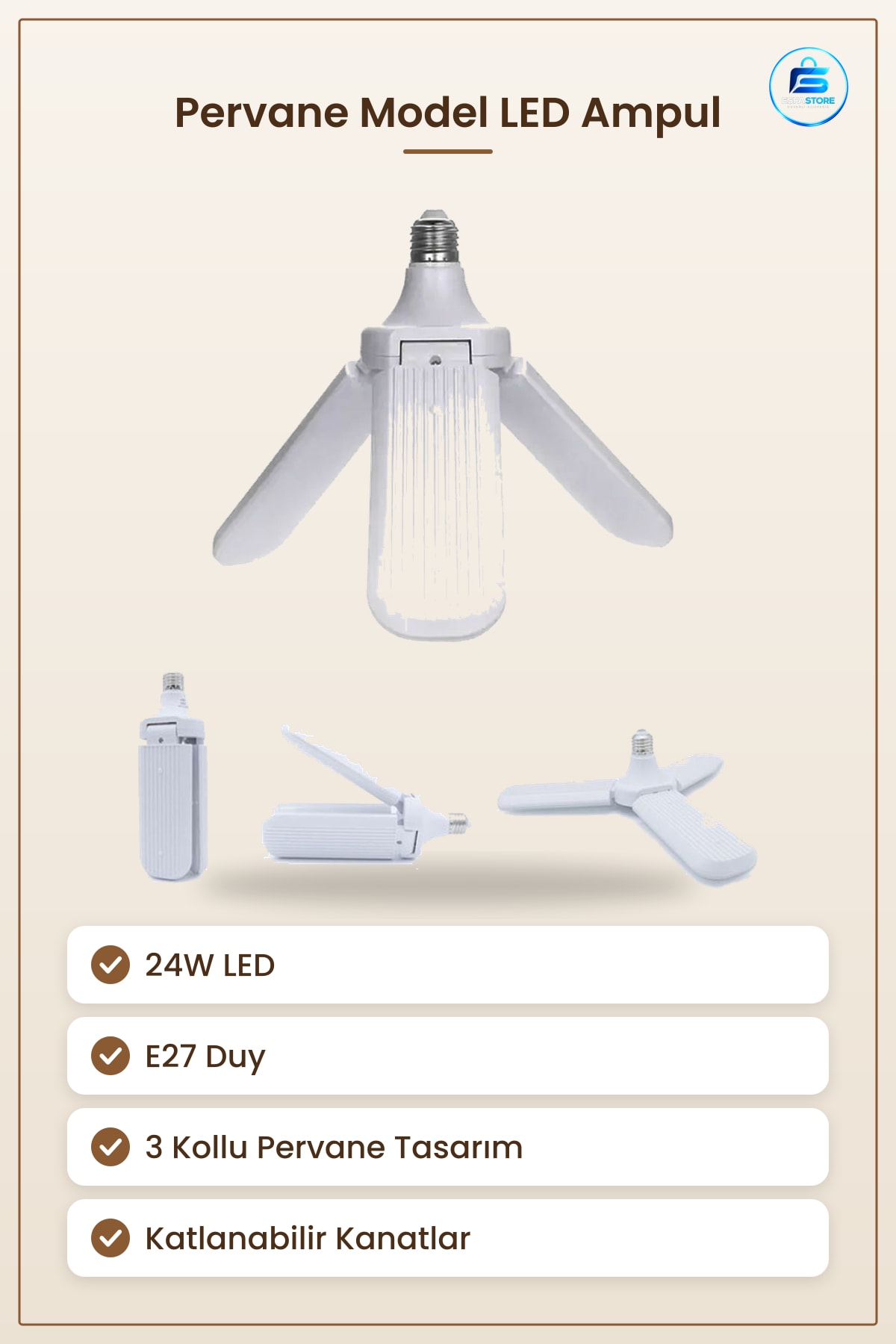 Pervane Model 3 Kollu LED Ampul Beyaz E27 24W Katlanabilir Ev ve İş Yeri Tavan Aydınlatma