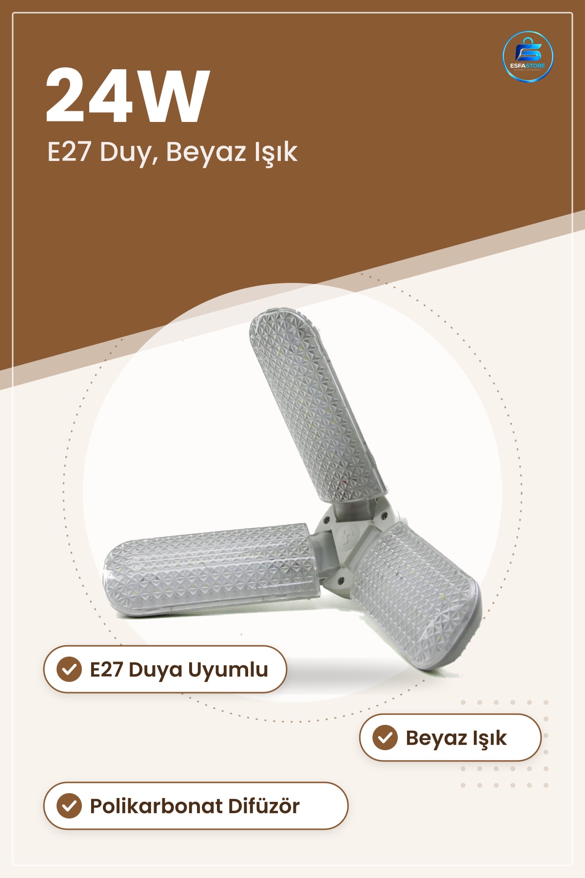 LED Ampul 24W E27 Beyaz 3 Kollu Pervane Modeli Kristal Dekoratif Ev Aydınlatması Katlanır