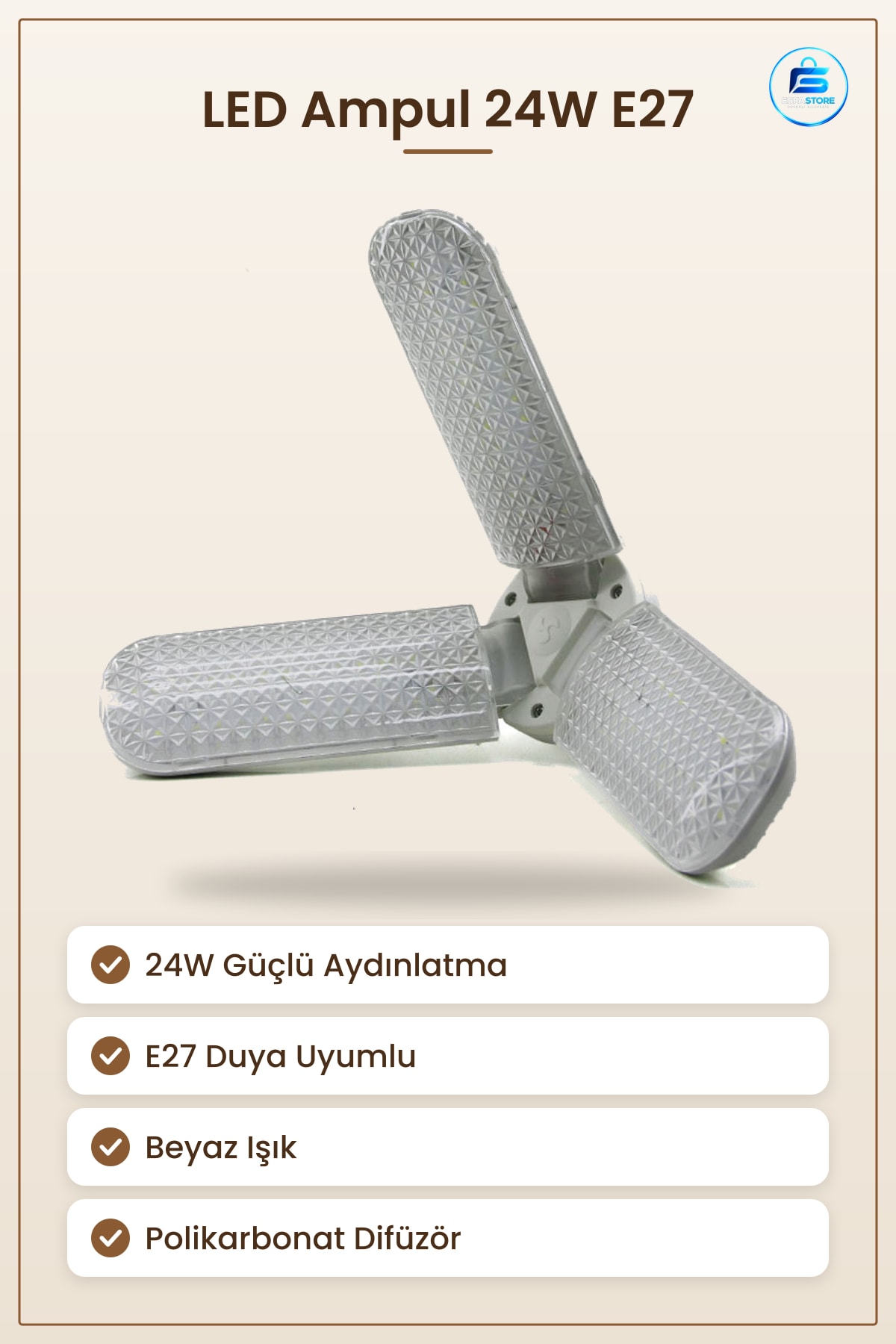 LED Ampul 24W E27 Beyaz 3 Kollu Pervane Modeli Kristal Dekoratif Ev Aydınlatması Katlanır