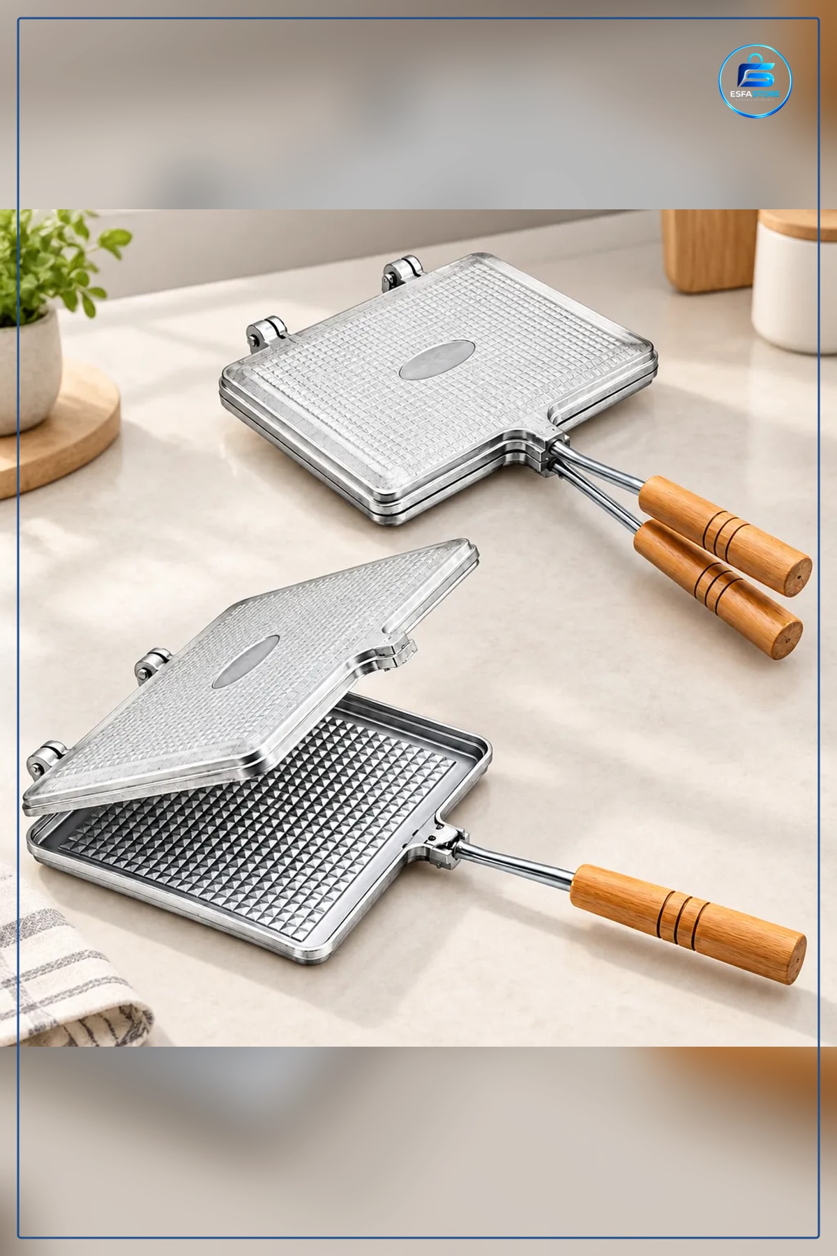 Tost Makinesi Alüminyum Çift Taraflı El Sandviç Panini Ahşap Saplı Mutfak Pişirme Aleti