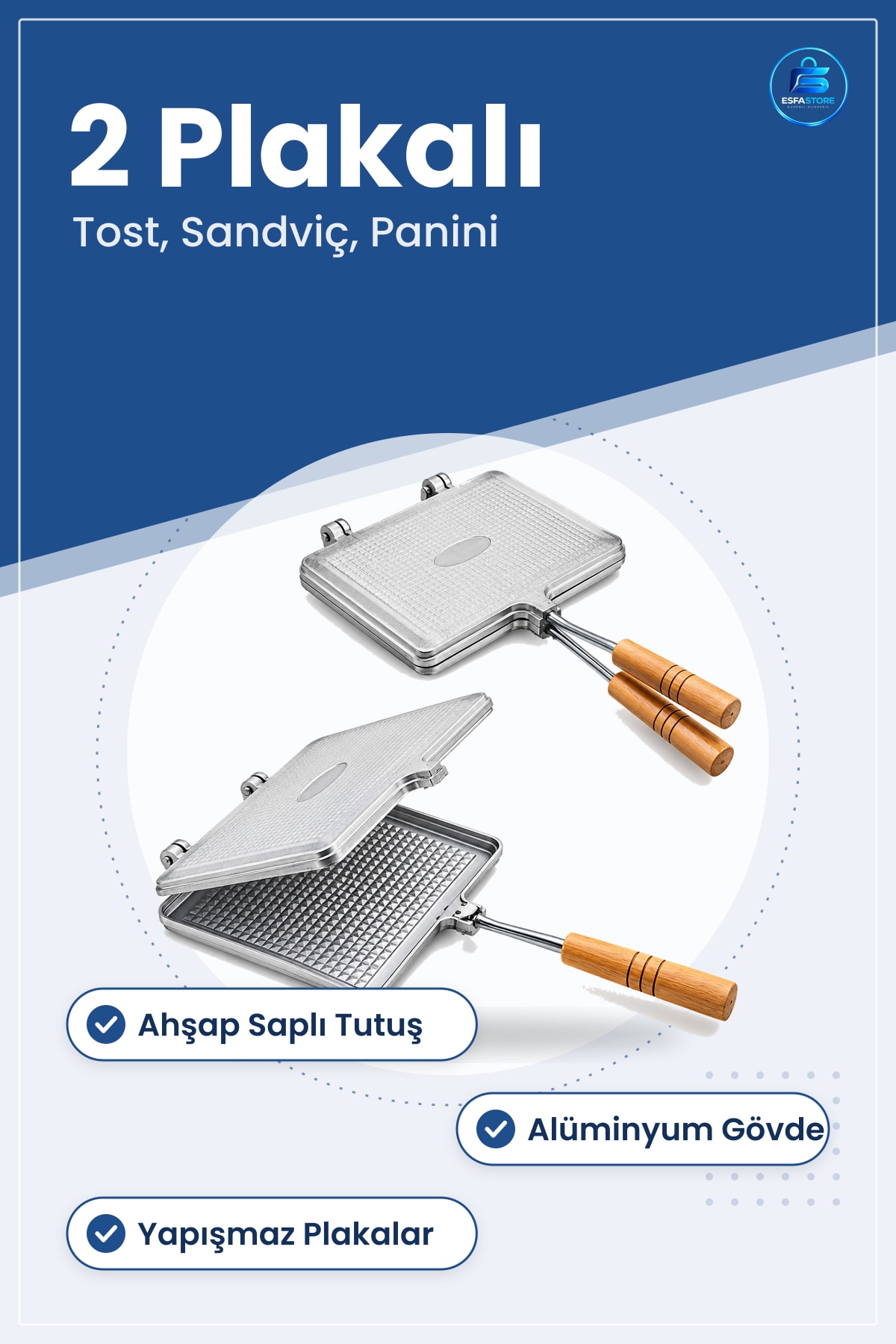 Tost Makinesi Alüminyum Çift Taraflı El Sandviç Panini Ahşap Saplı Mutfak Pişirme Aleti