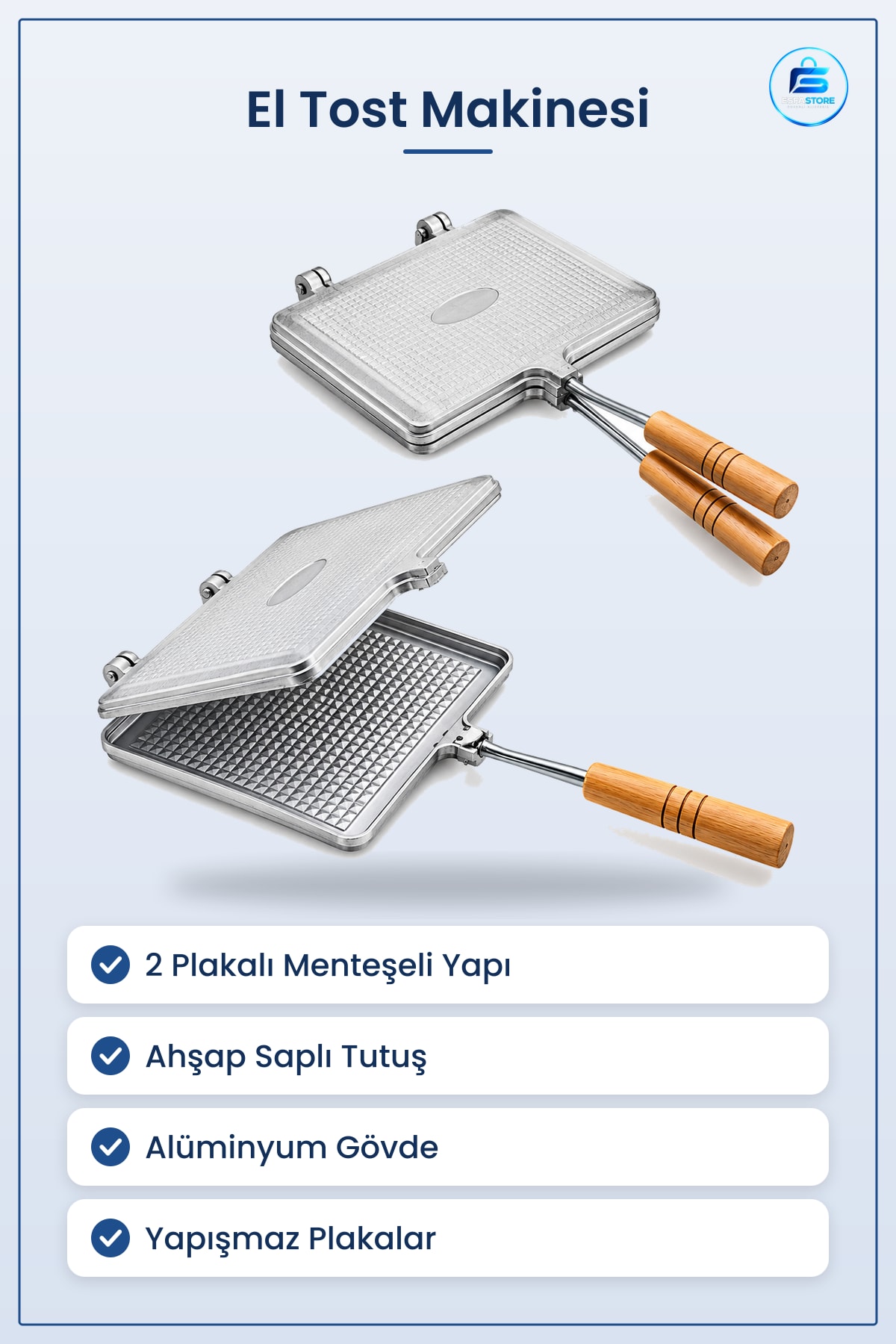 Tost Makinesi Alüminyum Çift Taraflı El Sandviç Panini Ahşap Saplı Mutfak Pişirme Aleti