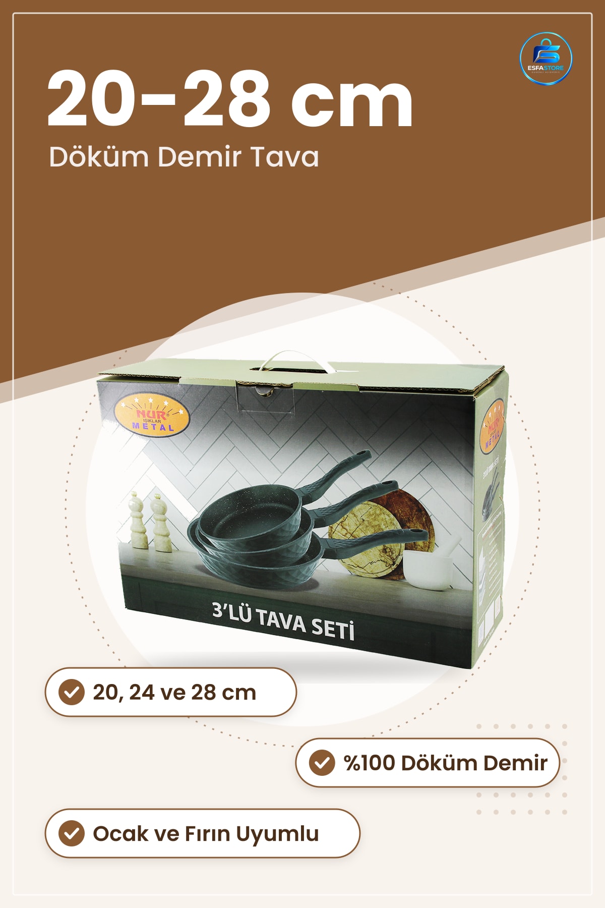 Döküm Tava Seti /28 cm Mutfak Pişirme Tavası Dayanıklı Ocak ve Fırın Uyumlu İndüksiyon